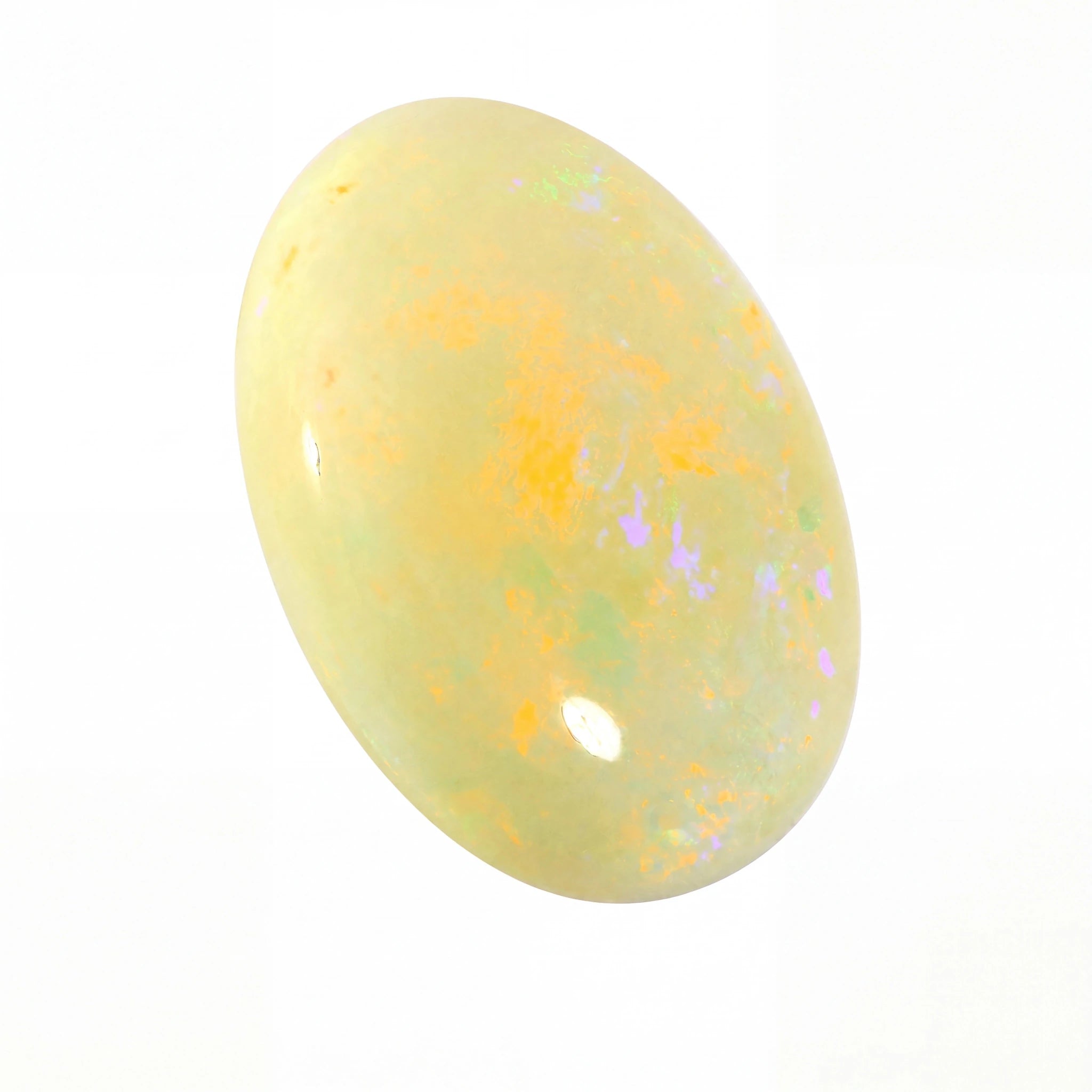 A polished oval cabochon gemstone with a pale yellow base and iridescent flashes of orange, green, and purple, shown on a plain white background.