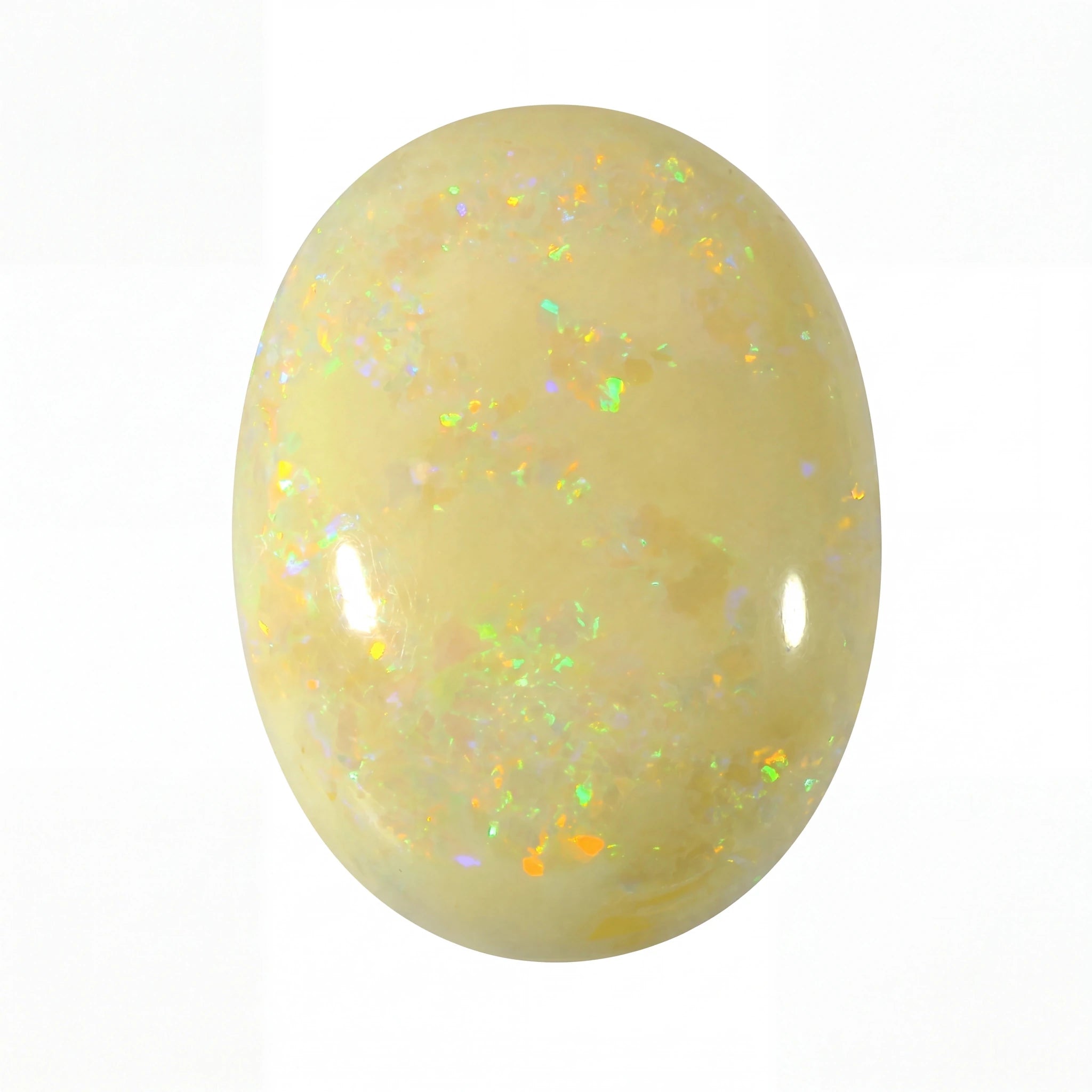 A polished oval cabochon gemstone with a creamy yellow base and iridescent opal-like flashes of green, orange, and blue, shown on a plain white background.