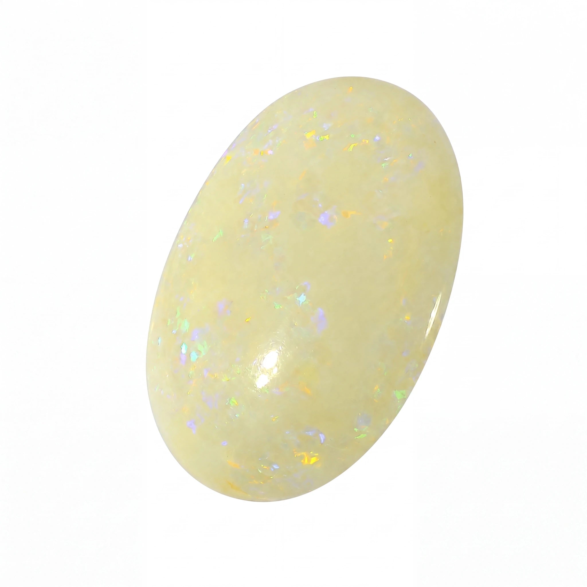 A polished oval cabochon gemstone with a creamy yellow base and iridescent opal-like flashes of blue, green, and gold, shown on a plain white background.