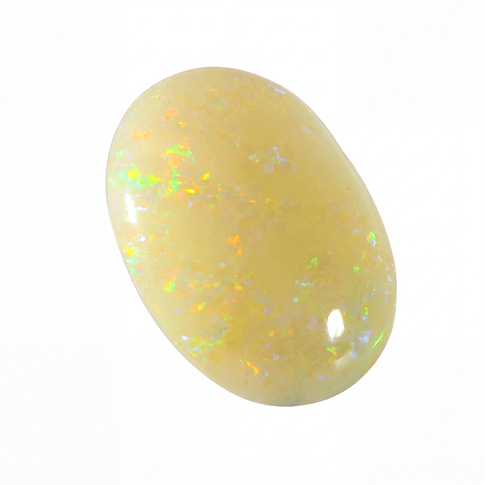 A polished oval cabochon gemstone with a creamy yellow base and vibrant, shifting iridescent flashes of green, orange, and blue, set against a plain white background.
