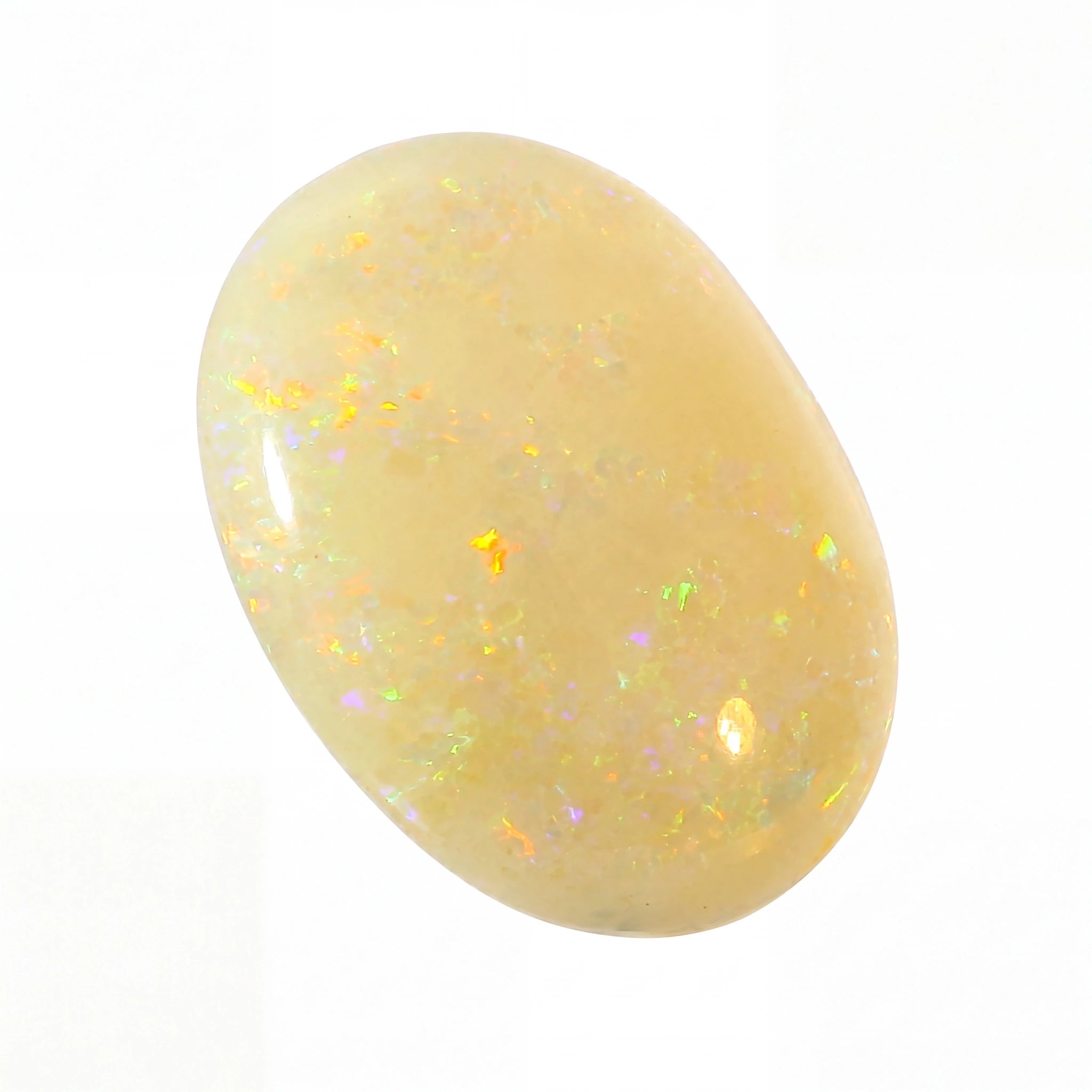A polished oval cabochon gemstone with a creamy yellow base and vibrant, multicoloured opal-like flashes, shown on a plain white background.