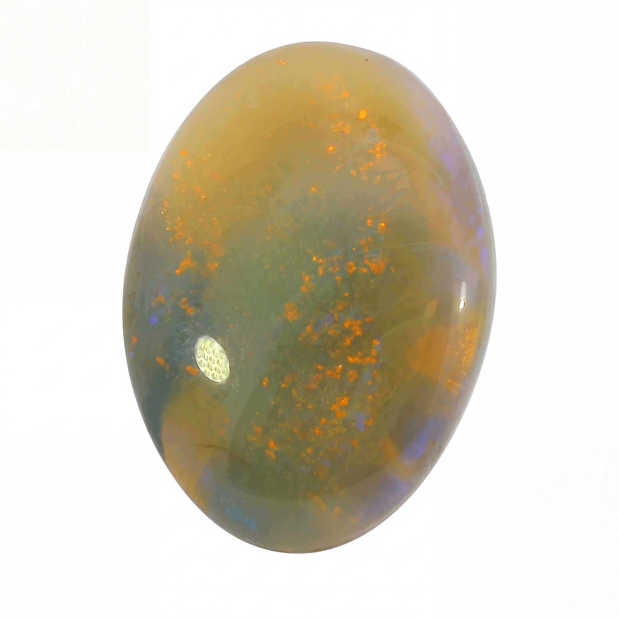 A polished oval cabochon gemstone featuring a mottled blend of golden yellow, olive green, and iridescent flashes of orange and blue on a white background.