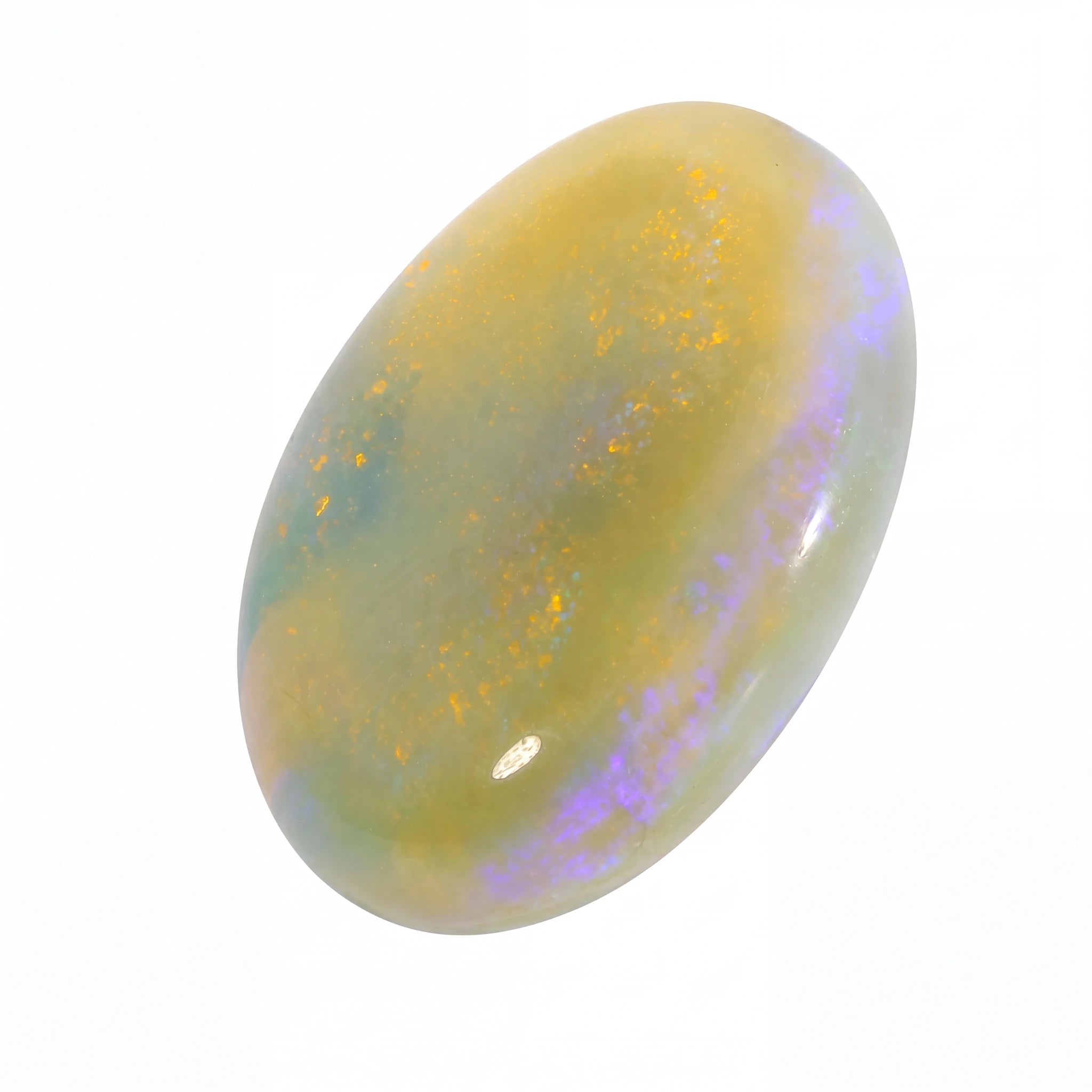 A polished oval cabochon gemstone showing a mix of pale yellow, greenish-grey, and iridescent purple-blue flashes on a plain white background.