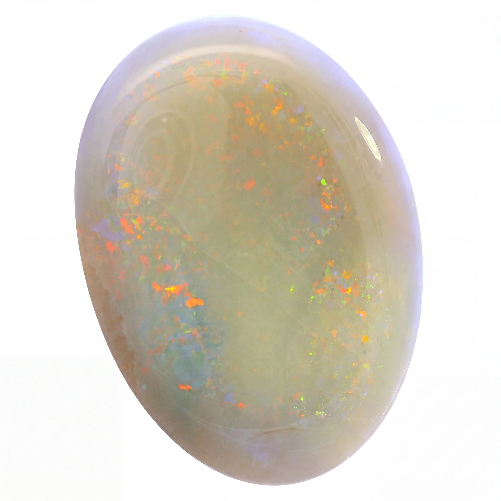 Opal stone with colorful speckles on a white background