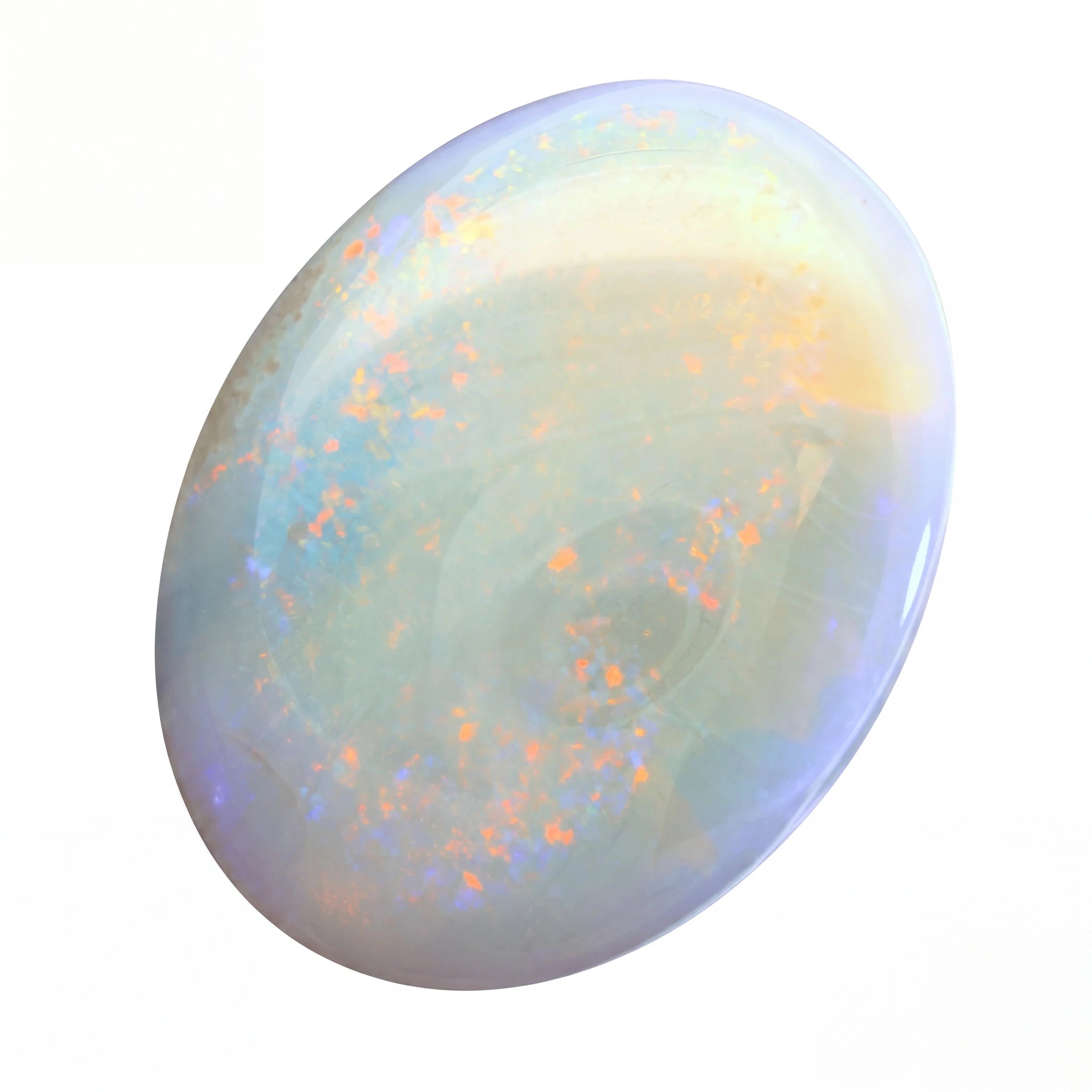 A polished oval cabochon gemstone, likely an opal, featuring a pale blue-green base with vibrant orange and purple iridescent flashes, set against a plain white background.
