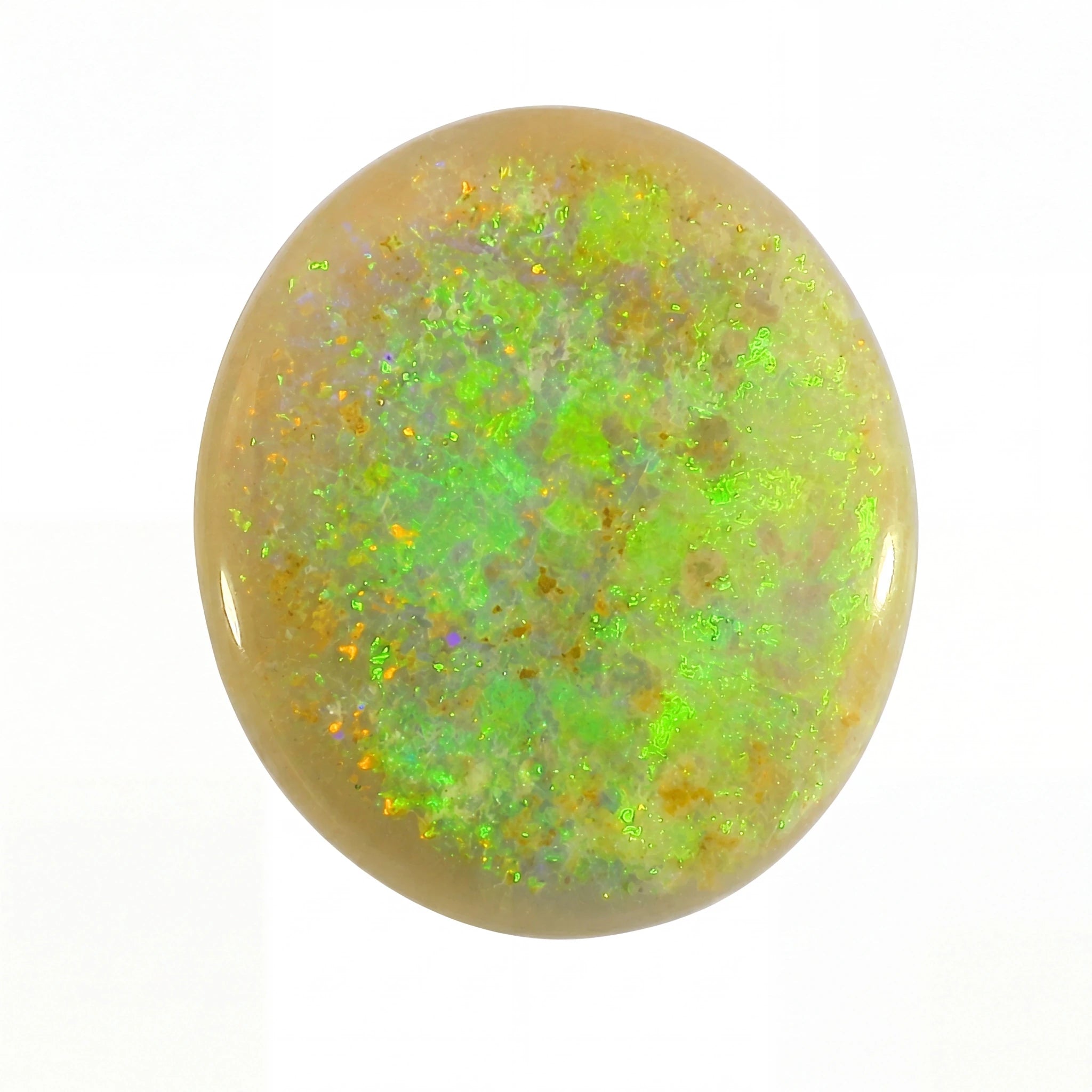 Opal stone with green and brown colours on a white background