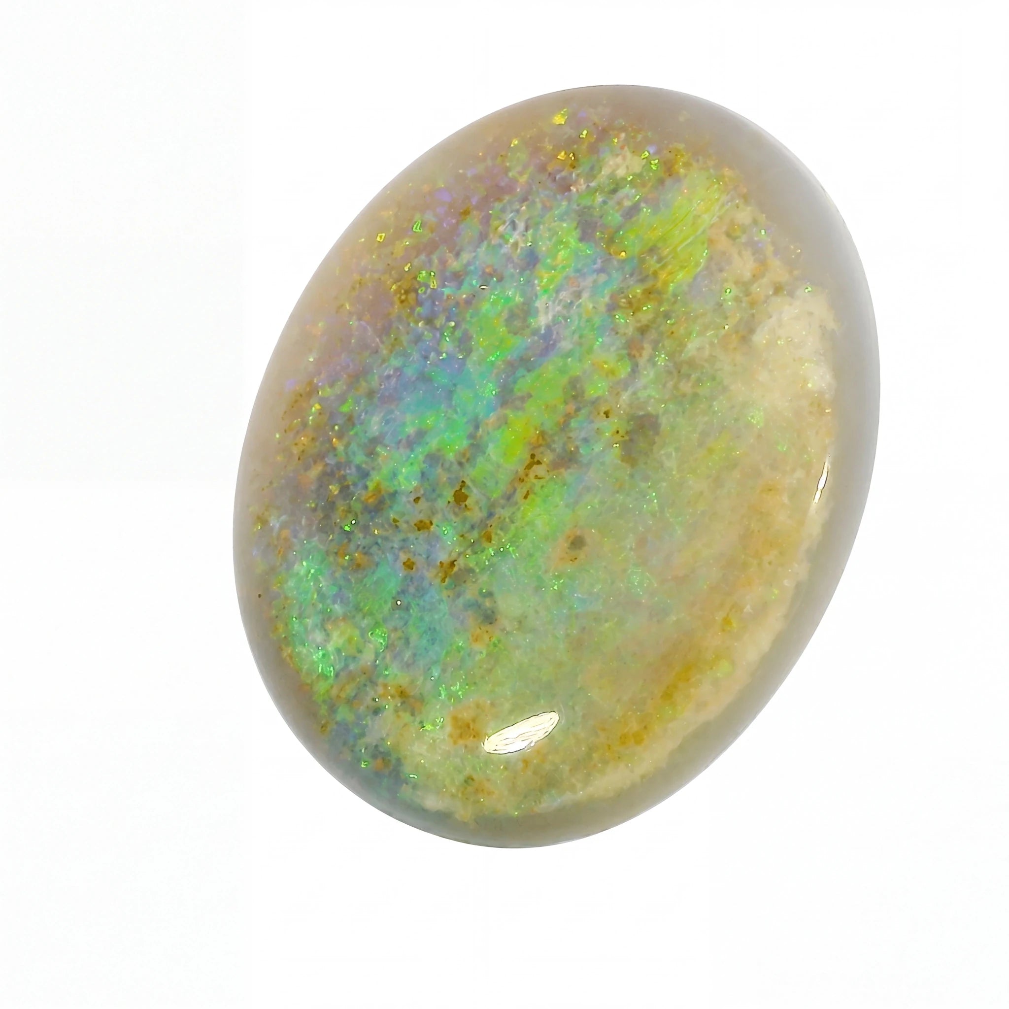 Polished opal stone with multicoloured patterns on a white background