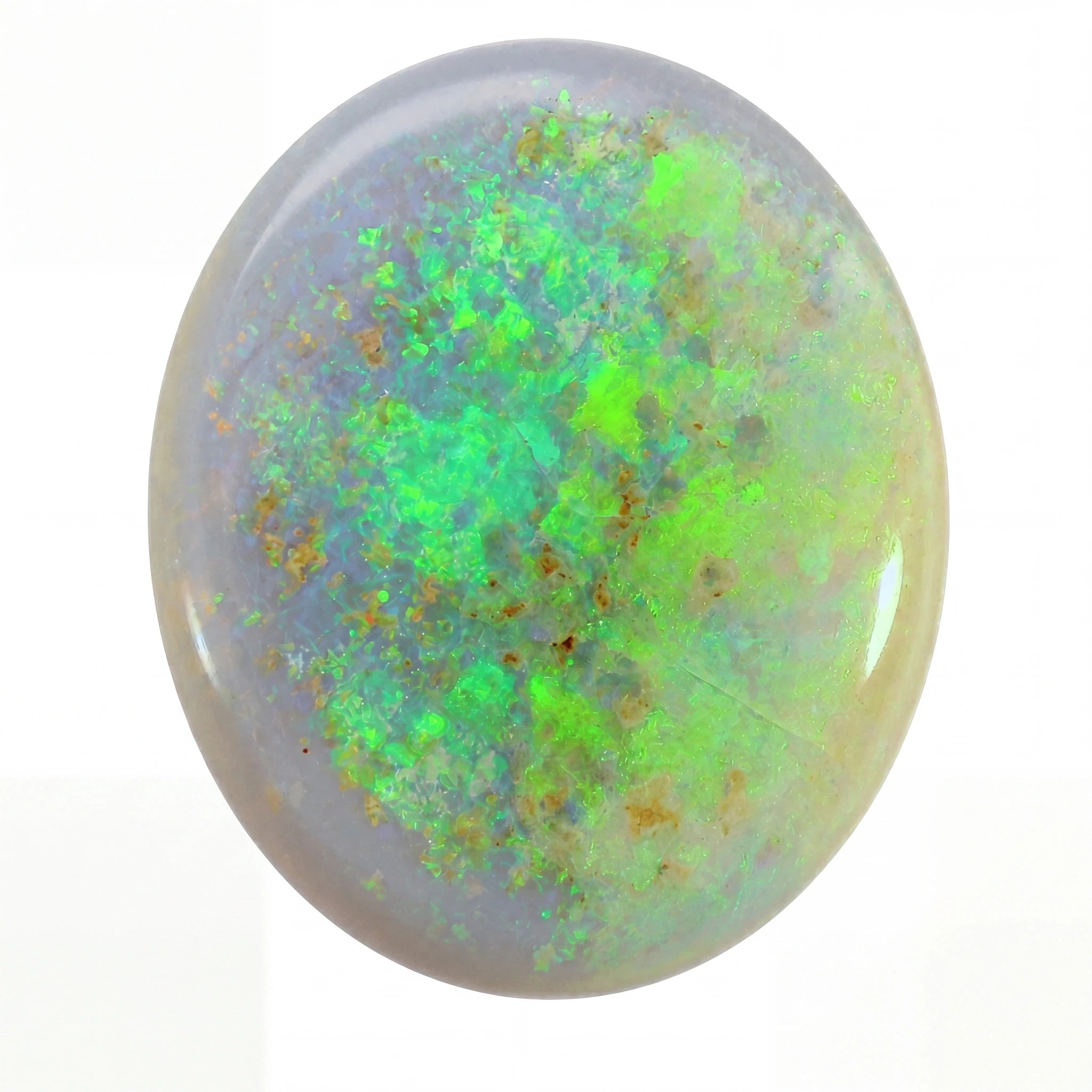 A polished oval cabochon gemstone featuring a vibrant play-of-colour with bright green, blue, and subtle gold flecks on a pale greyish-white background, set against a plain white backdrop.