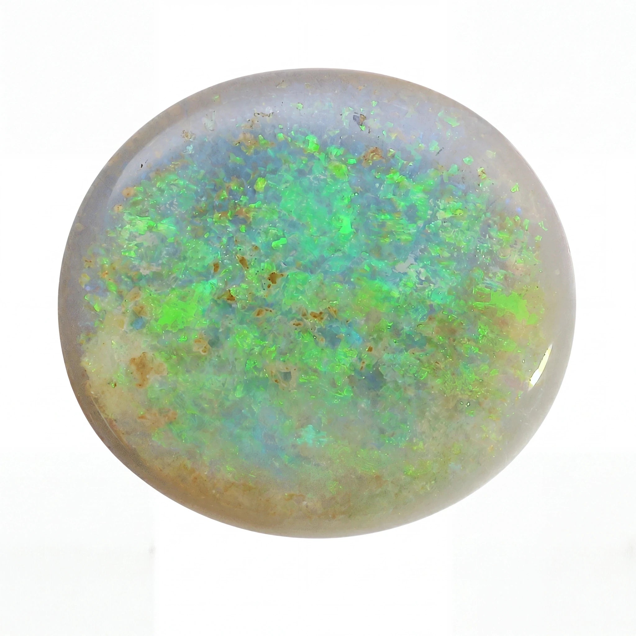 Close-up of a green and brown opal stone on a white background