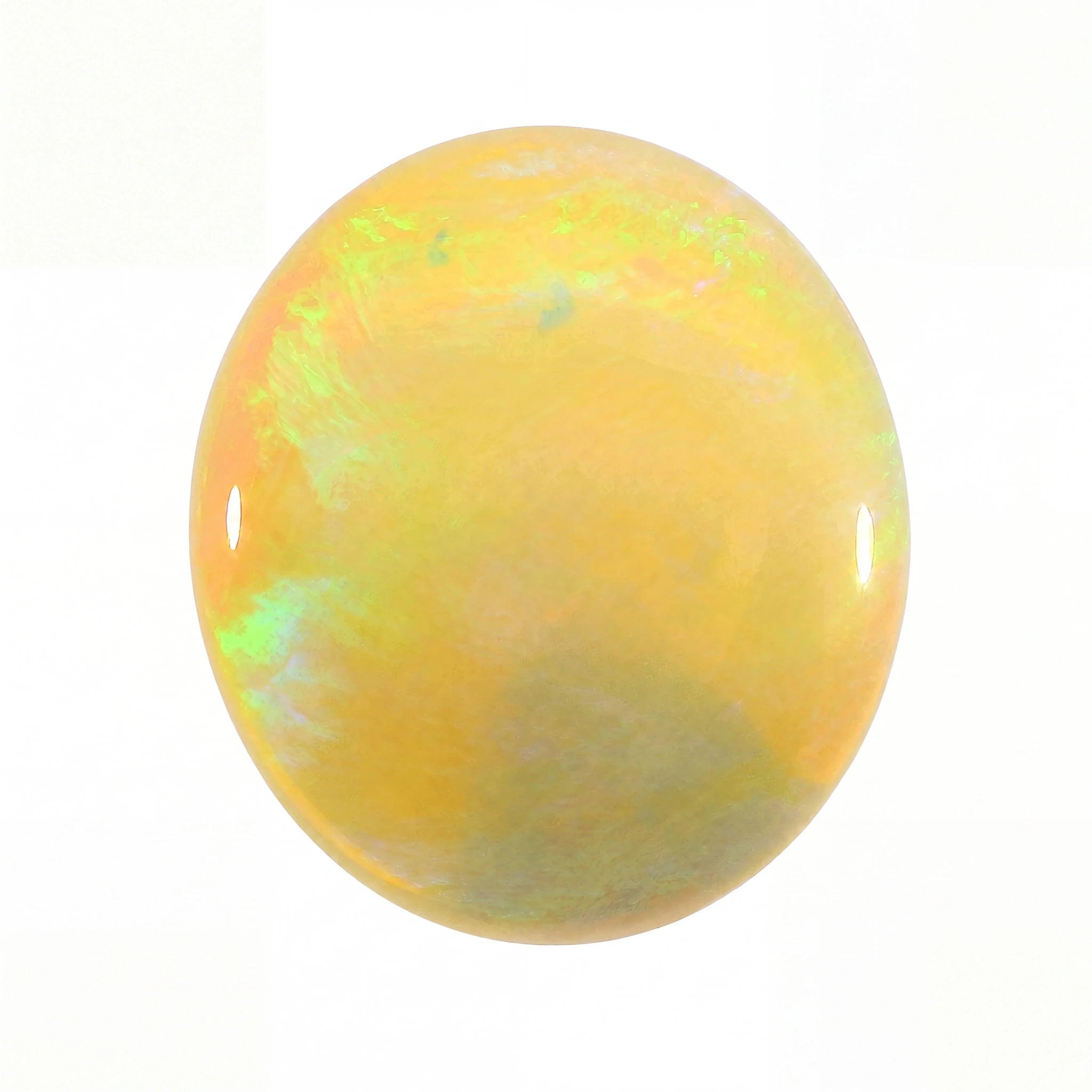 A polished oval cabochon gemstone showing a vibrant play-of-colour with yellow, orange, and green iridescence on a white background.