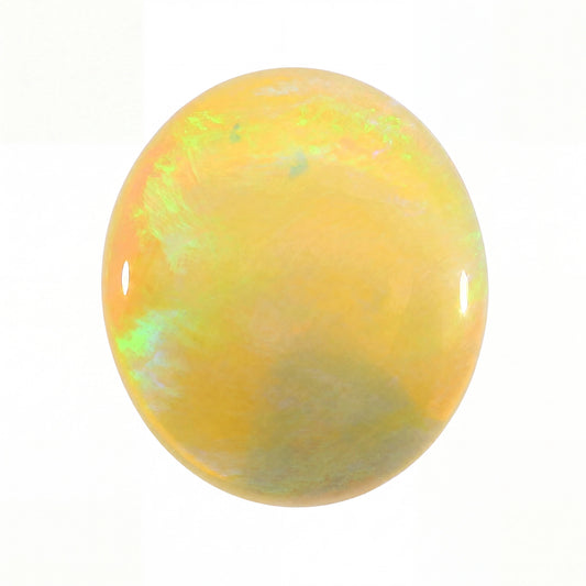 A polished oval cabochon gemstone showing a vibrant play-of-colour with yellow, orange, and green iridescence on a white background.