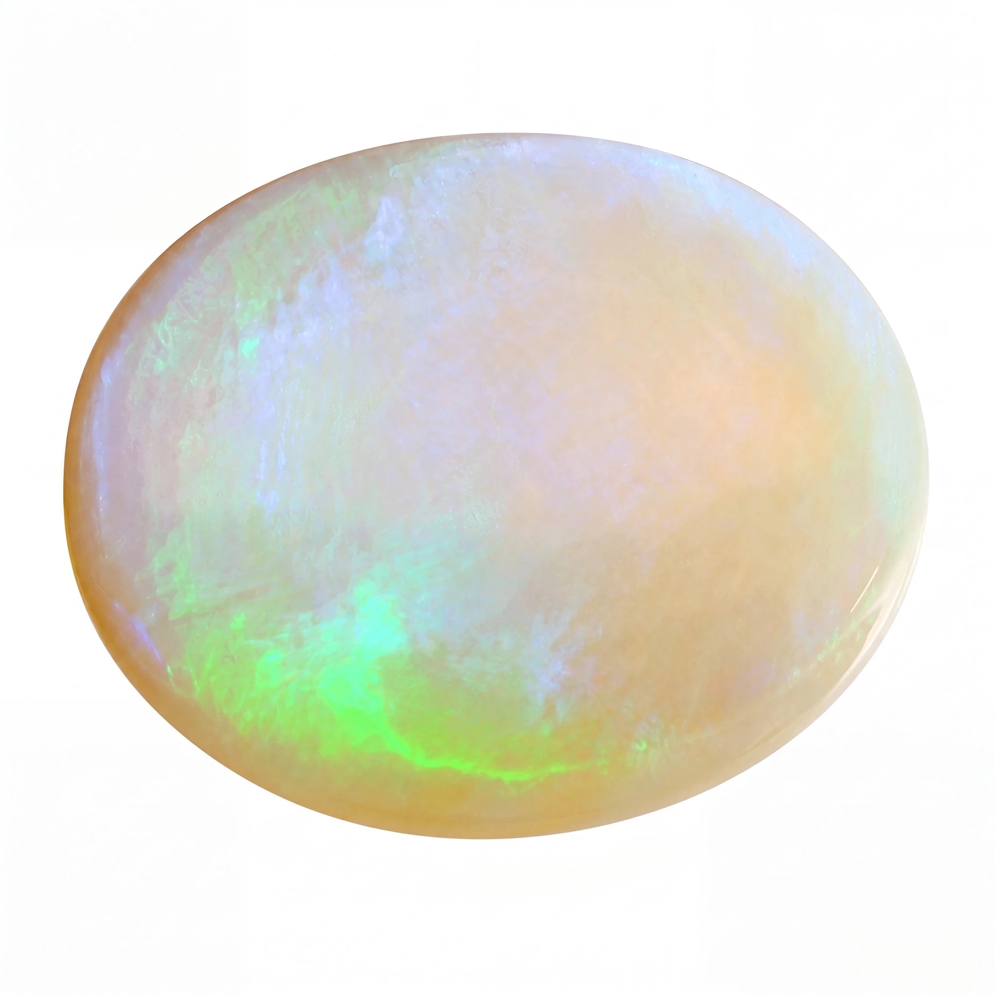 A polished oval cabochon gemstone with a milky white base and vibrant iridescent flashes of green, blue, and soft pink, isolated on a white background.