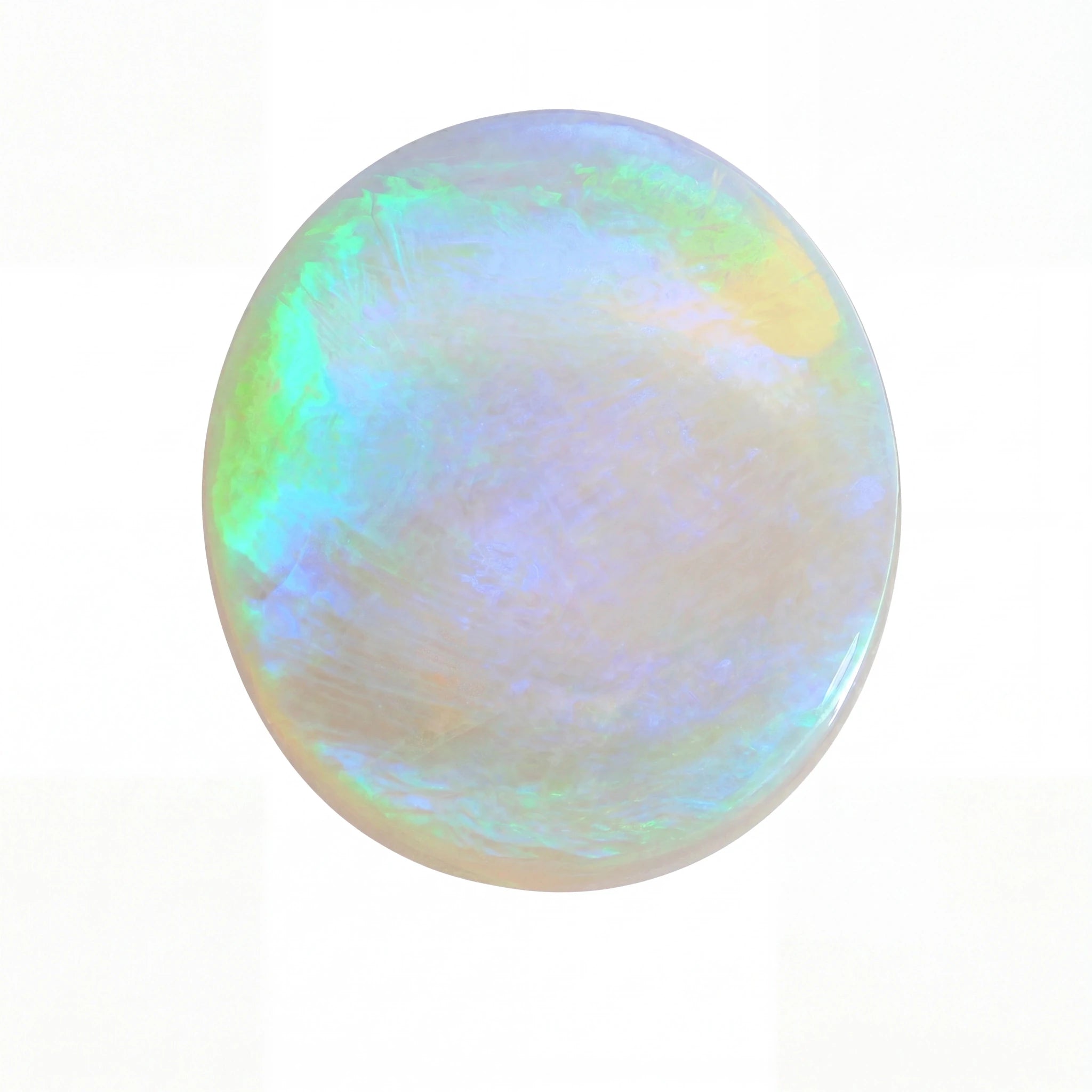 Round opal gemstone with multicolour play of light on a white background