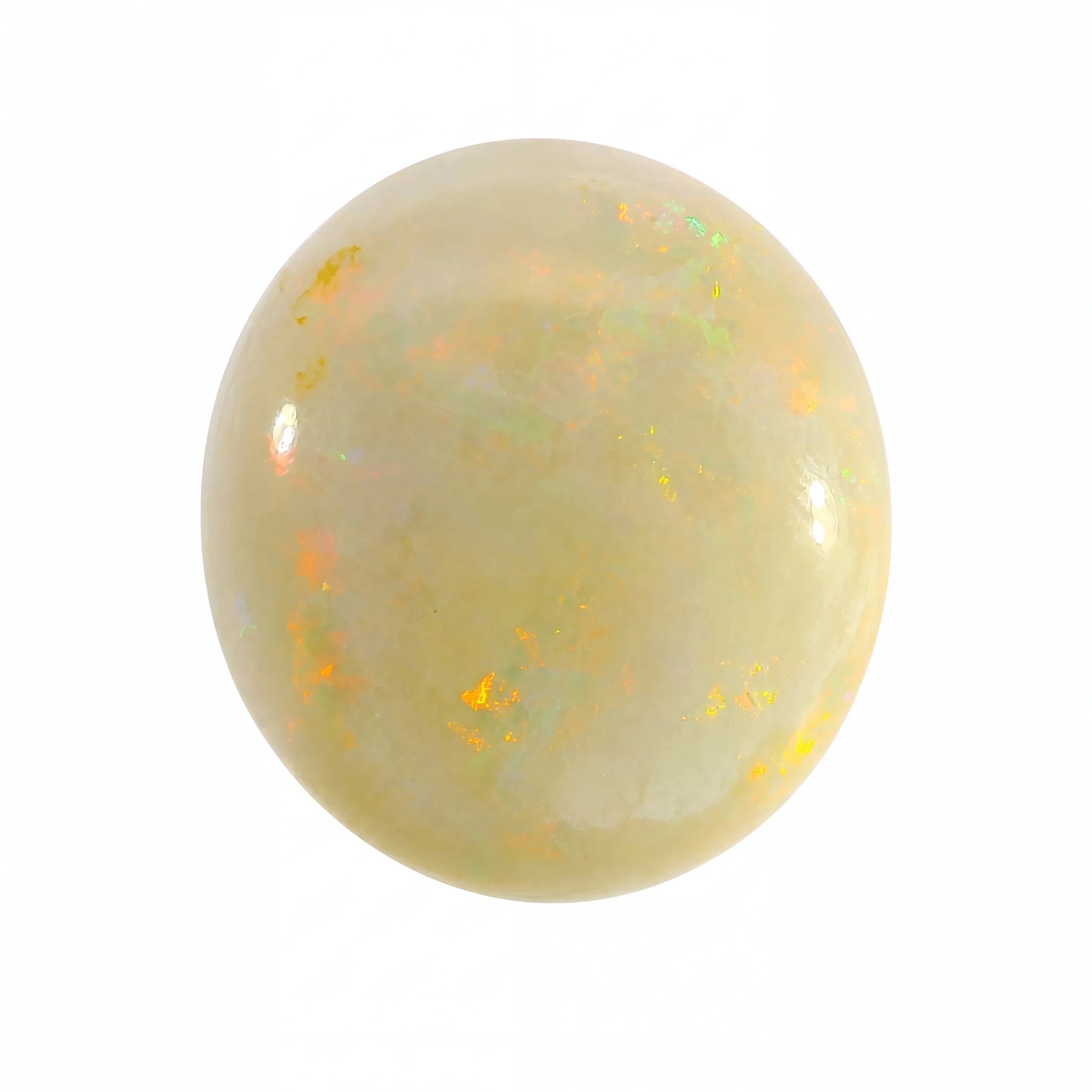 A polished round cabochon gemstone with a pale cream to off-white base and subtle iridescent flashes of orange, yellow, and green, isolated on a white background.