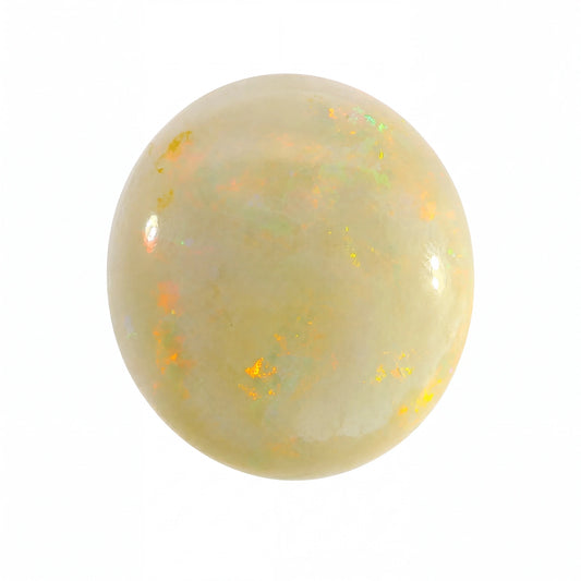 A polished round cabochon gemstone with a pale cream to off-white base and subtle iridescent flashes of orange, yellow, and green, isolated on a white background.