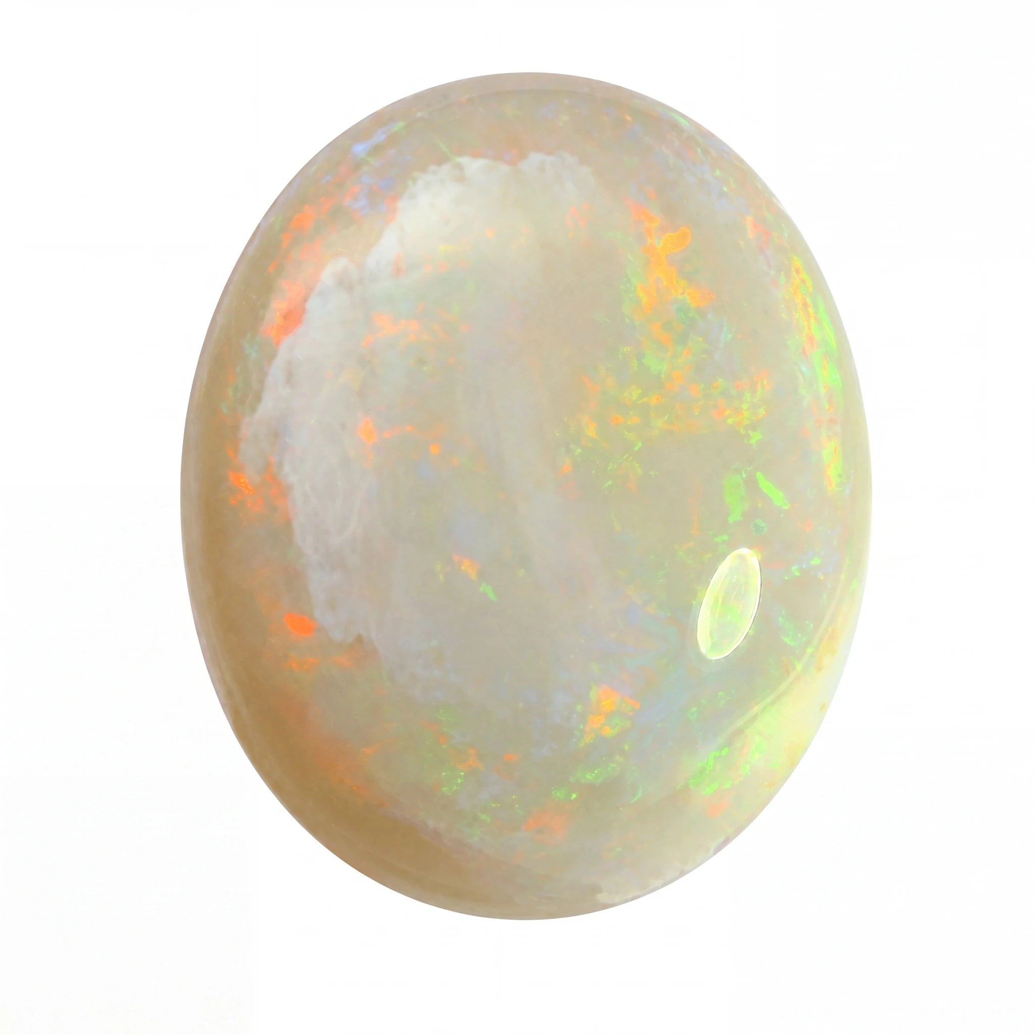 A polished oval cabochon opal gemstone displaying a pearlescent off-white base with vibrant flashes of orange, green, and yellow iridescence, isolated on a white background.