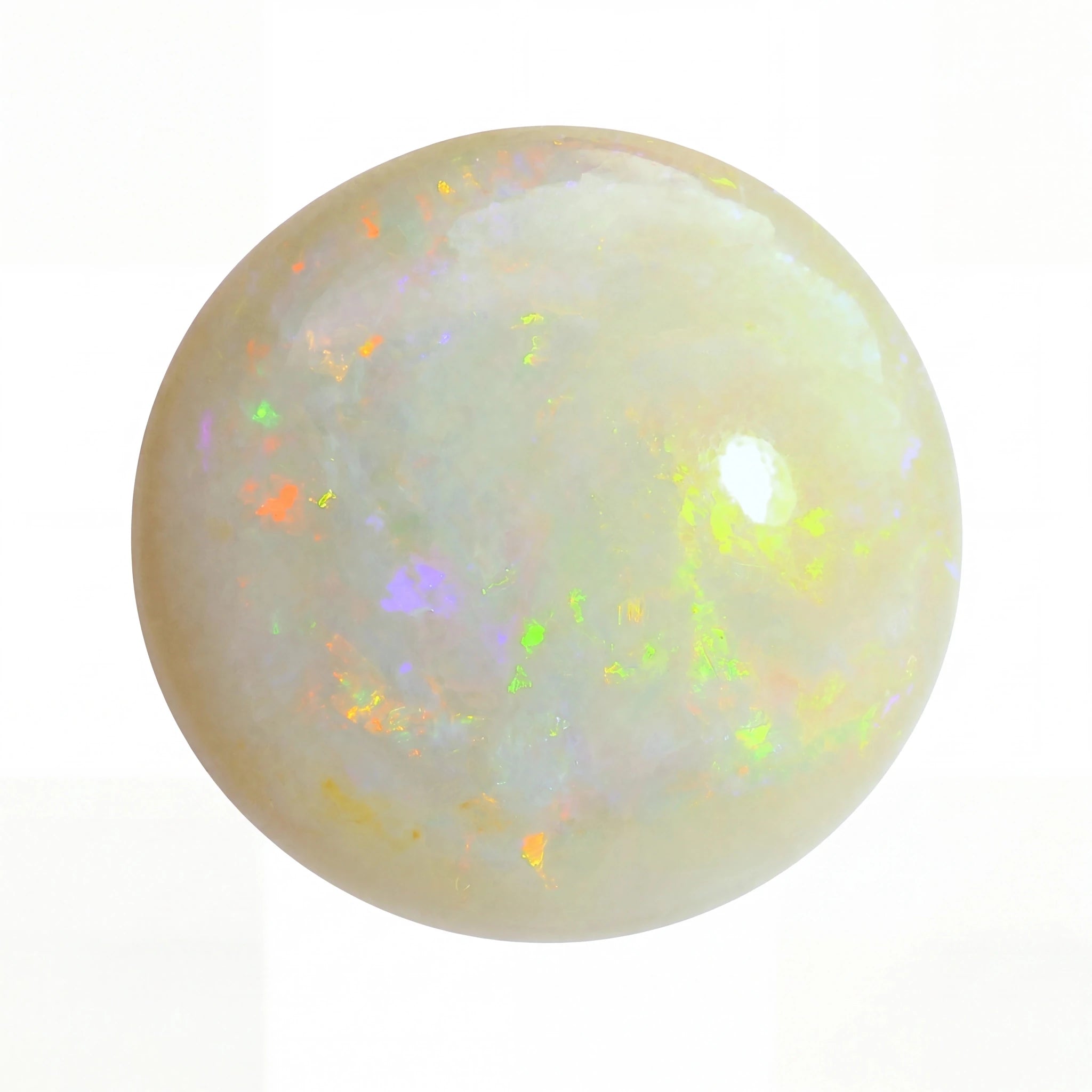 Opal gemstone with multicoloured flashes on a white background