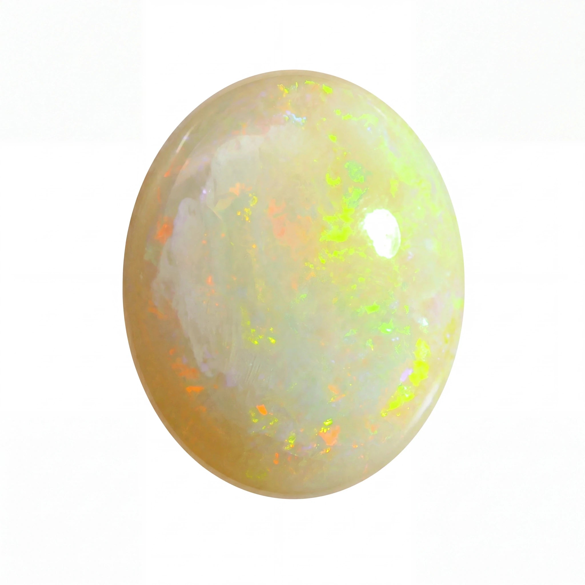 Opal stone with multicolour play of light on a white background