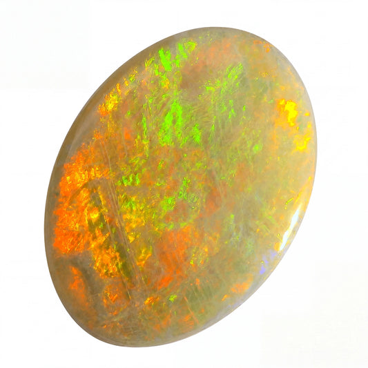 Opal stone with vibrant colours on a white background