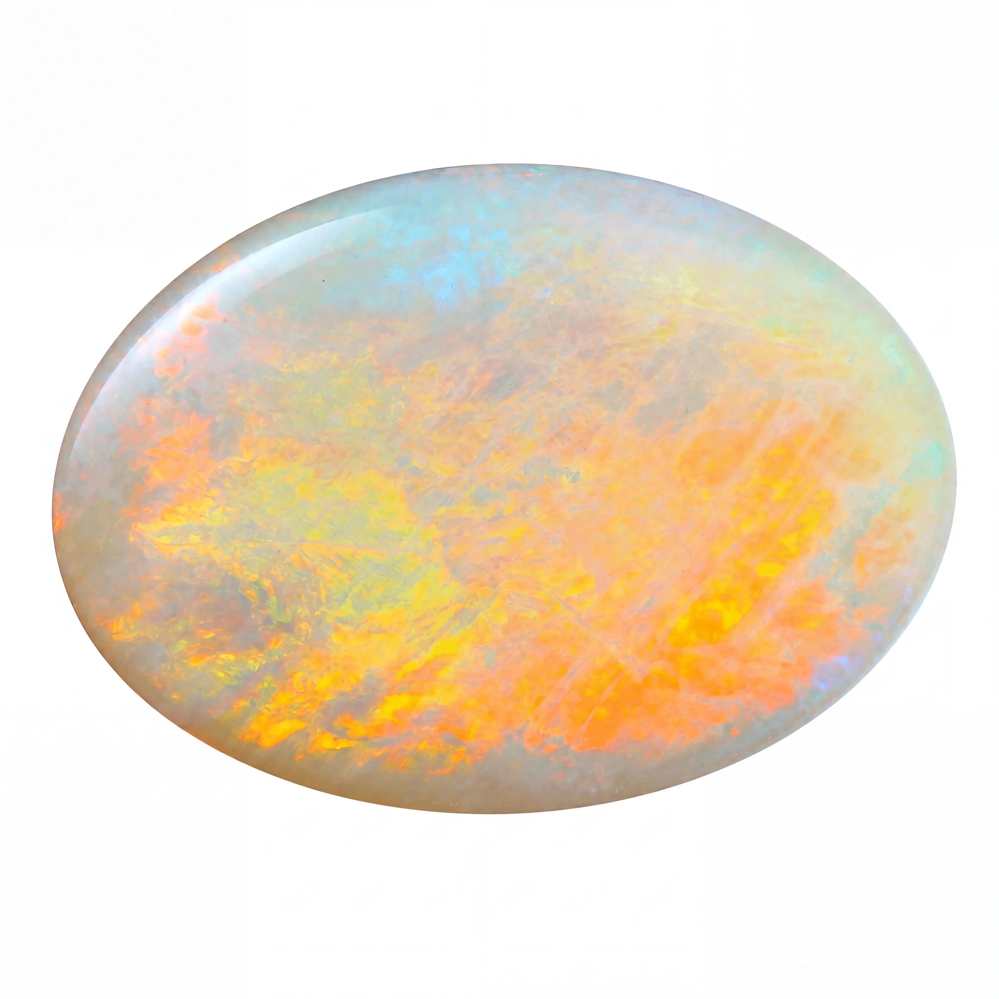 A polished oval cabochon gemstone showing a play-of-colour pattern with vibrant orange, yellow, and light blue hues over a pale base, isolated on a white background.