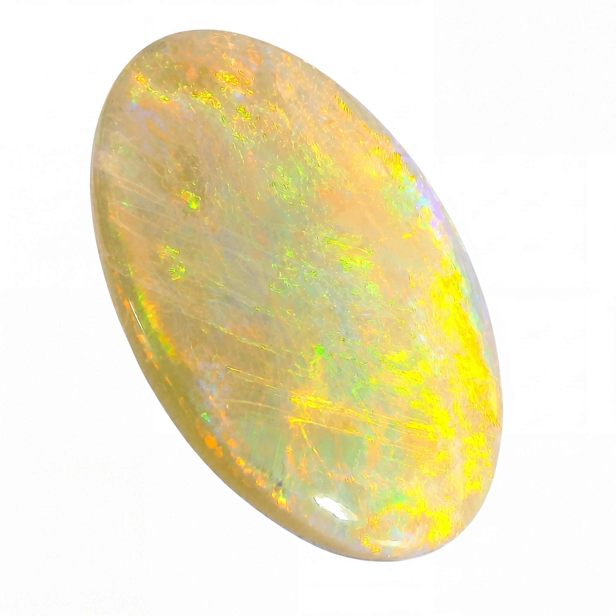 Opal stone with multicoloured patterns on a white background