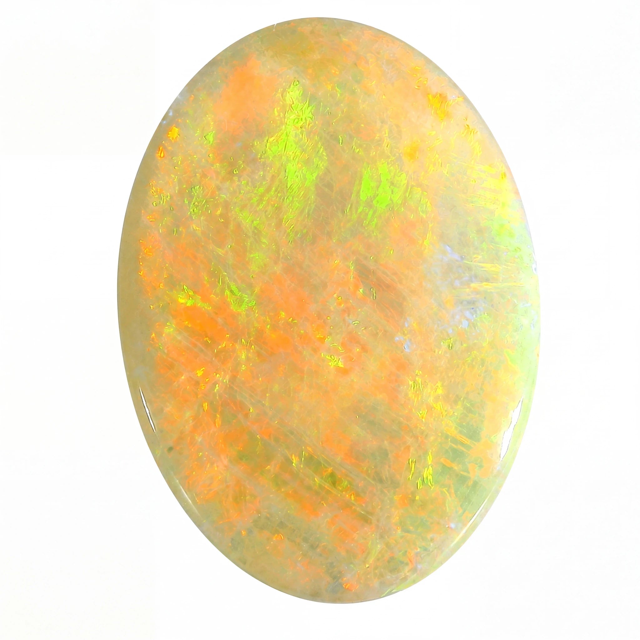 A polished oval cabochon opal gemstone displaying vibrant orange, yellow, and neon green flashes on a white background.