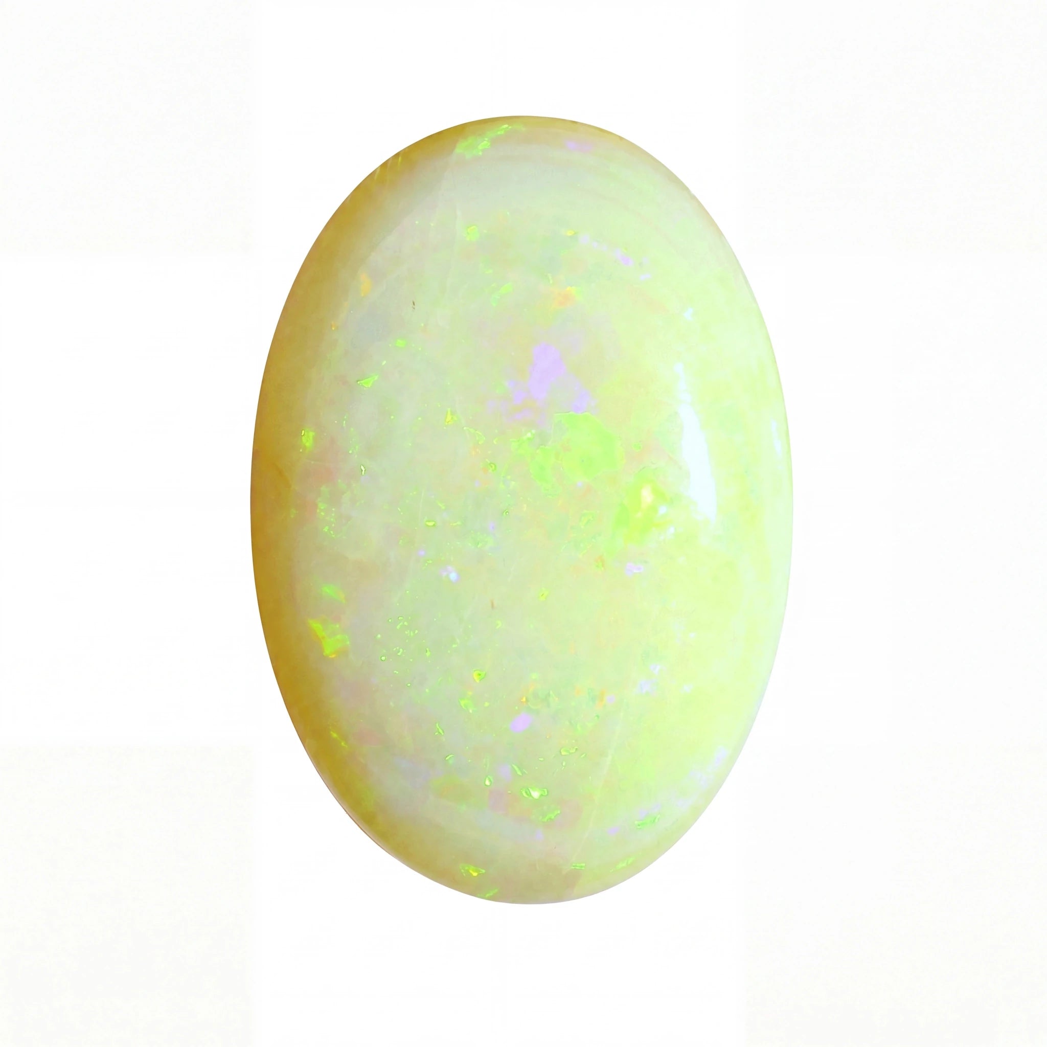 A polished oval cabochon opal gemstone displaying a creamy white base with vibrant neon yellow-green flashes and subtle iridescent hints, set against a plain white background.