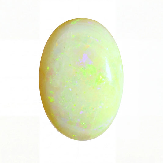 A polished oval cabochon opal gemstone displaying a creamy white base with vibrant neon yellow-green flashes and subtle iridescent hints, set against a plain white background.