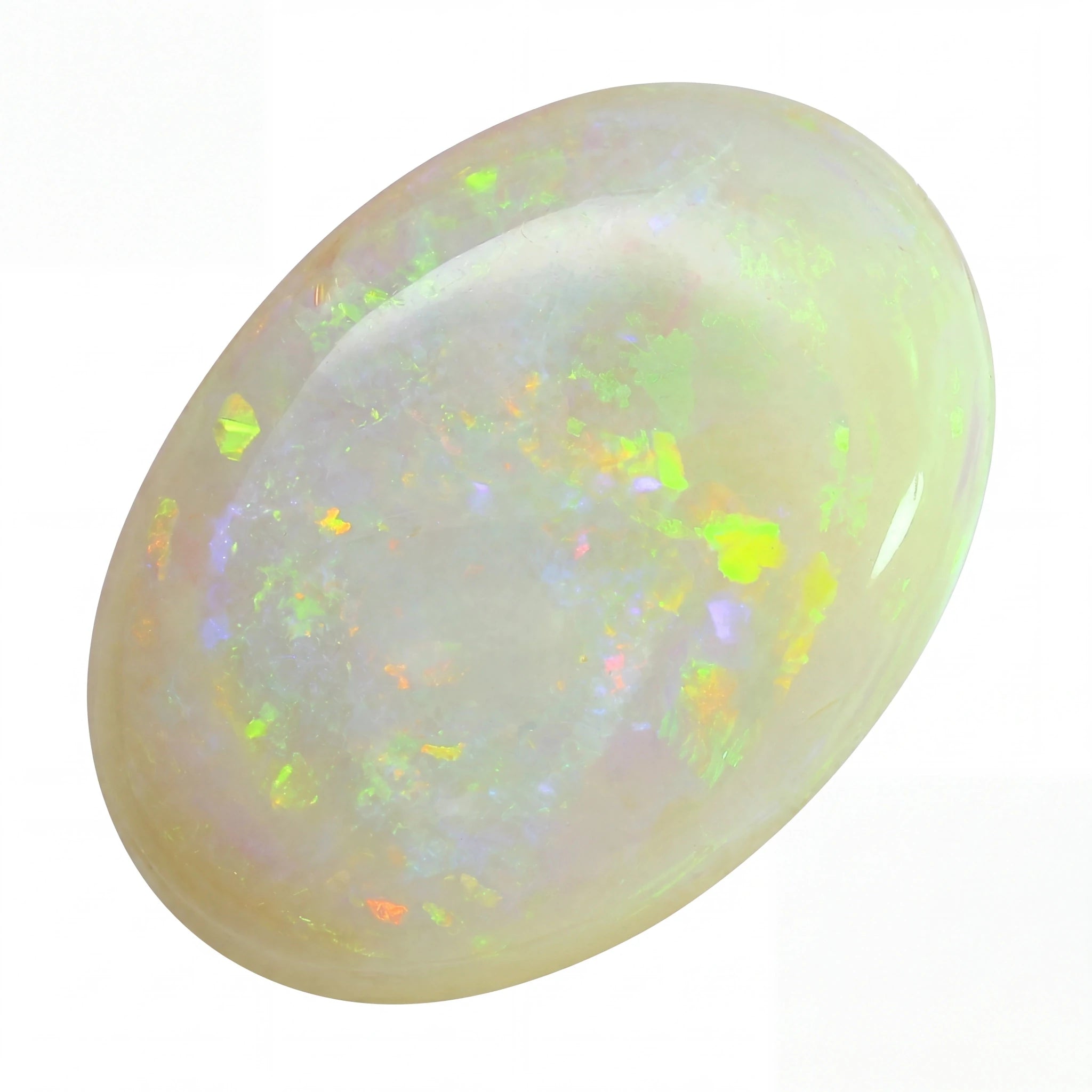 Opal stone with multicoloured fluorescence on a white background