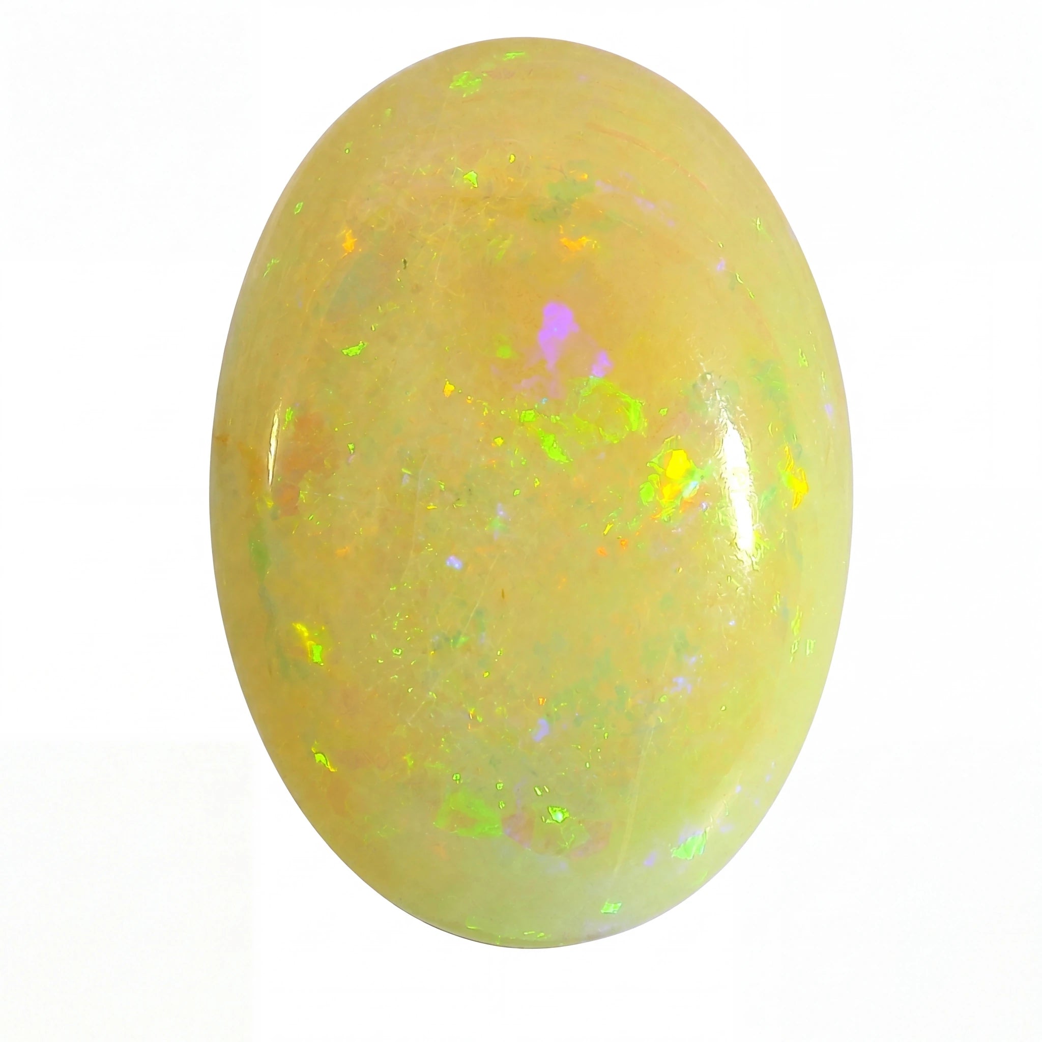 Opal stone with colourful speckles on a white background