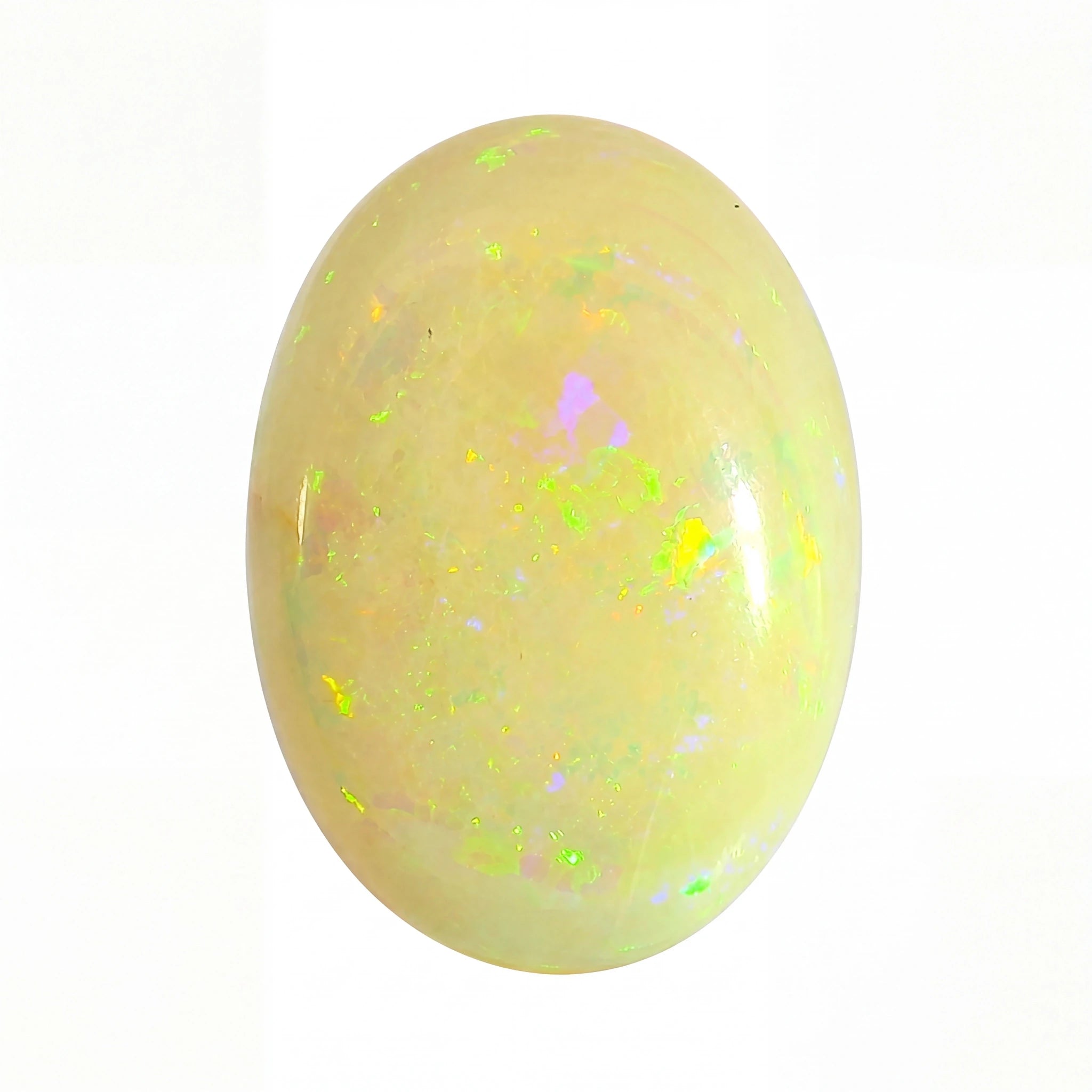 A polished oval cabochon gemstone with a pale yellow base and vibrant, shifting iridescent flashes of green, purple, and orange, set against a plain white background.