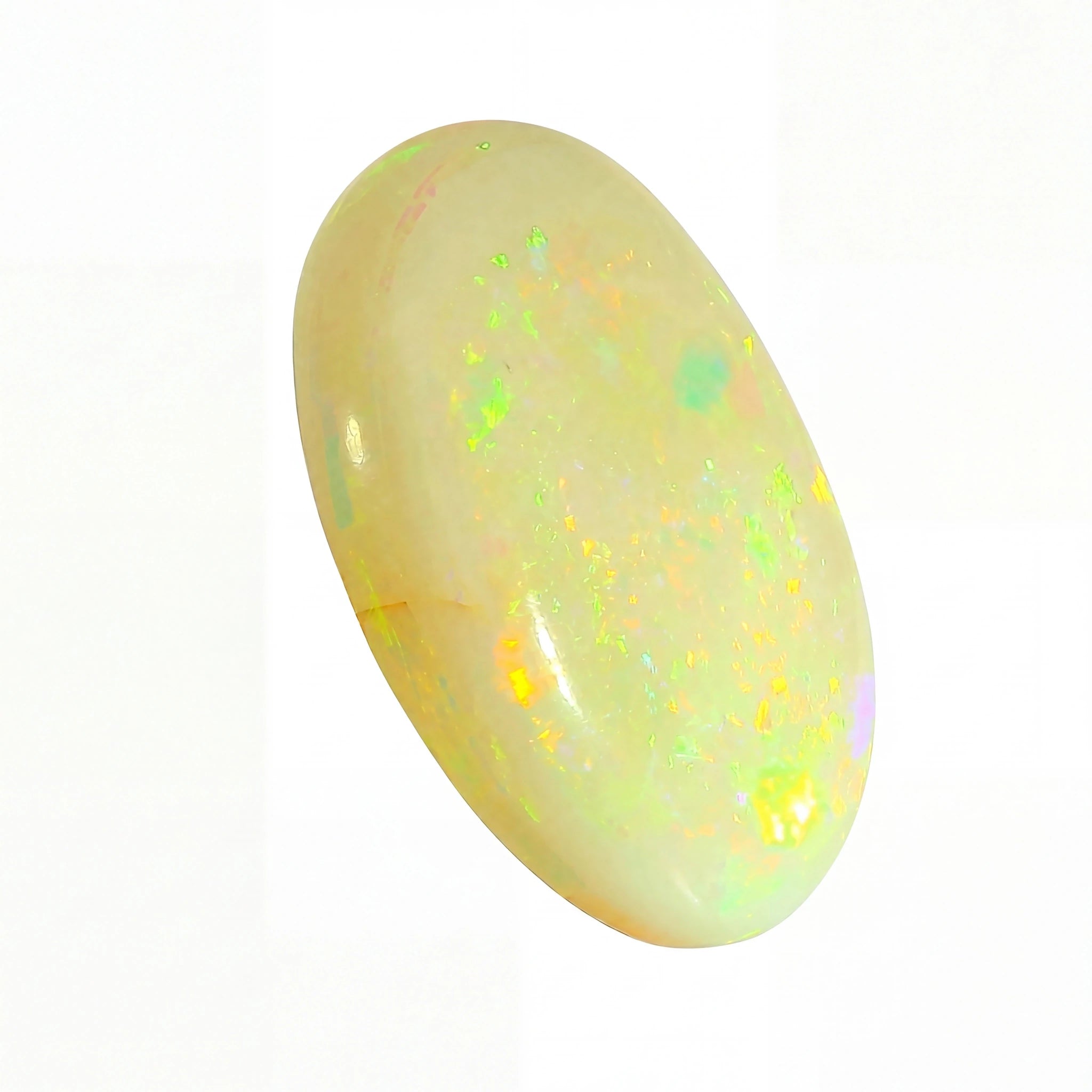 A polished oval cabochon gemstone with a creamy off-white base and vibrant, shifting iridescent flashes of green, yellow, orange, and blue, set against a plain white background.