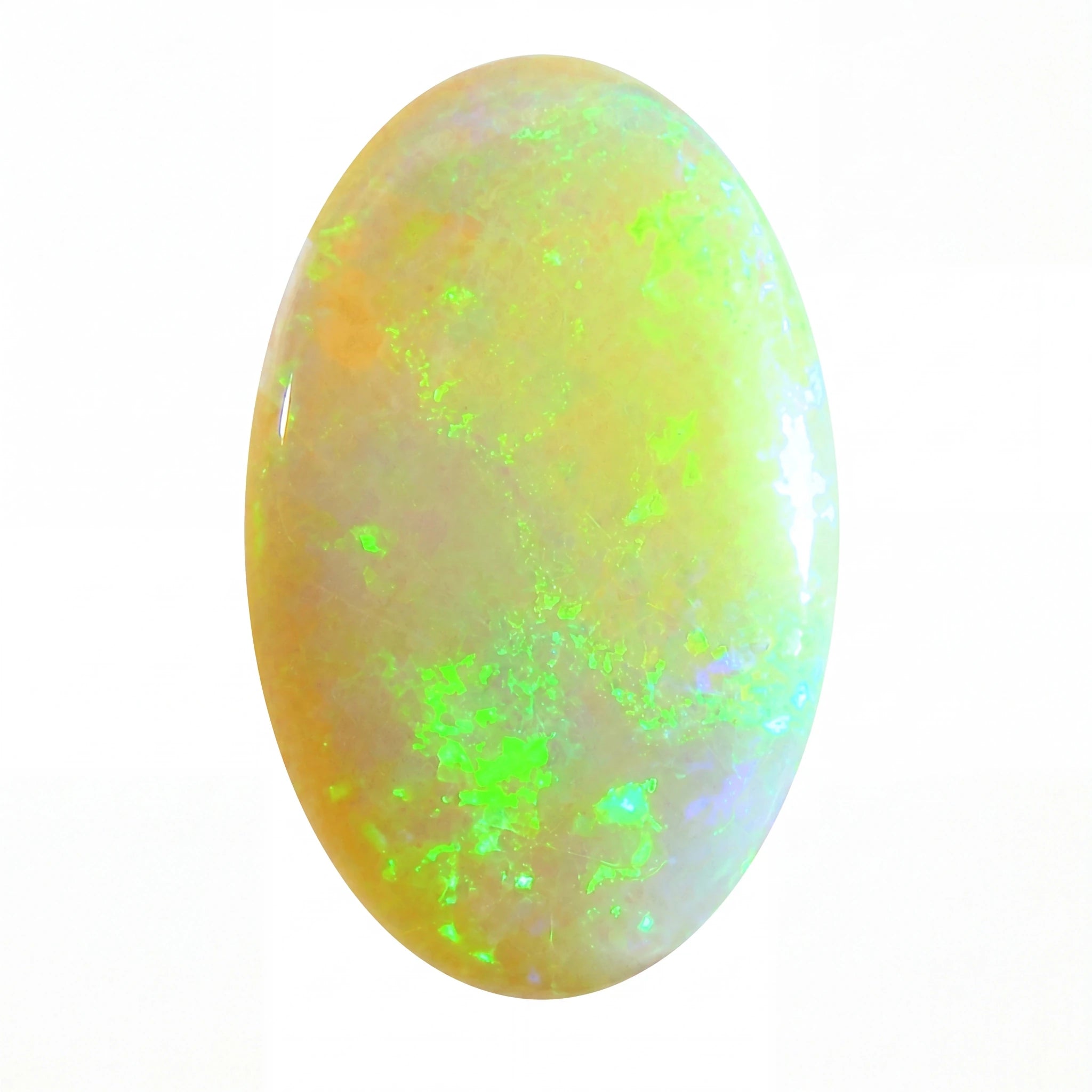 Oval-shaped opal stone with green and yellow colours on a white background