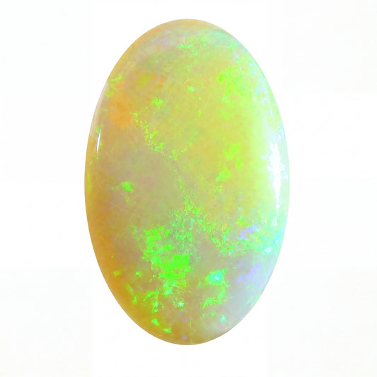 Oval-shaped opal stone with green and yellow colours on a white background