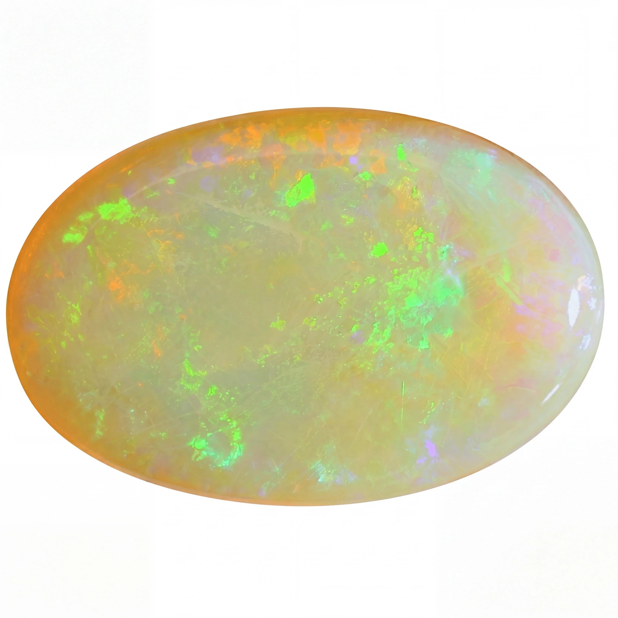 A polished oval cabochon opal gemstone displaying a mix of orange, green, and white iridescent colors on a plain white background.