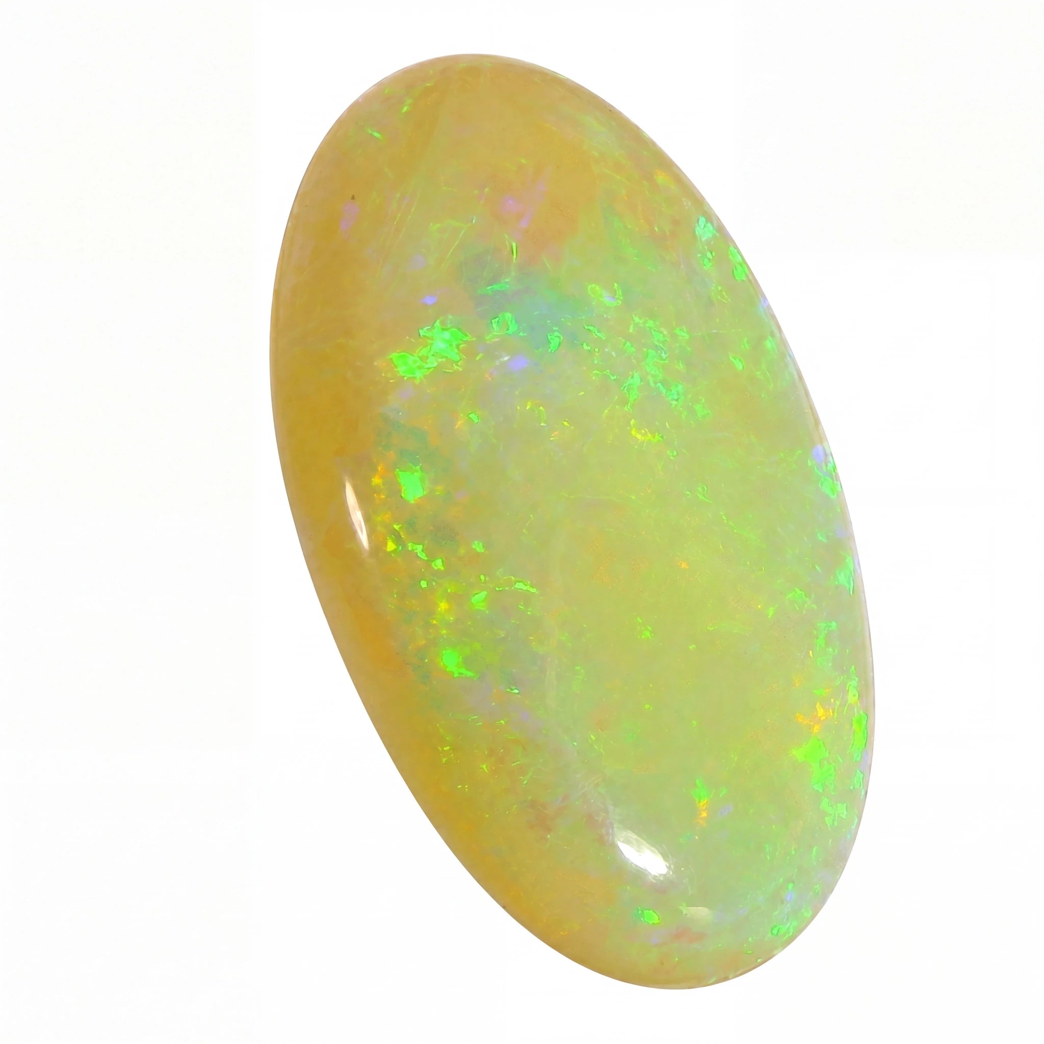 A polished oval cabochon opal gemstone showing a creamy yellow base with vibrant green, blue, and orange flashes, set against a plain white background.