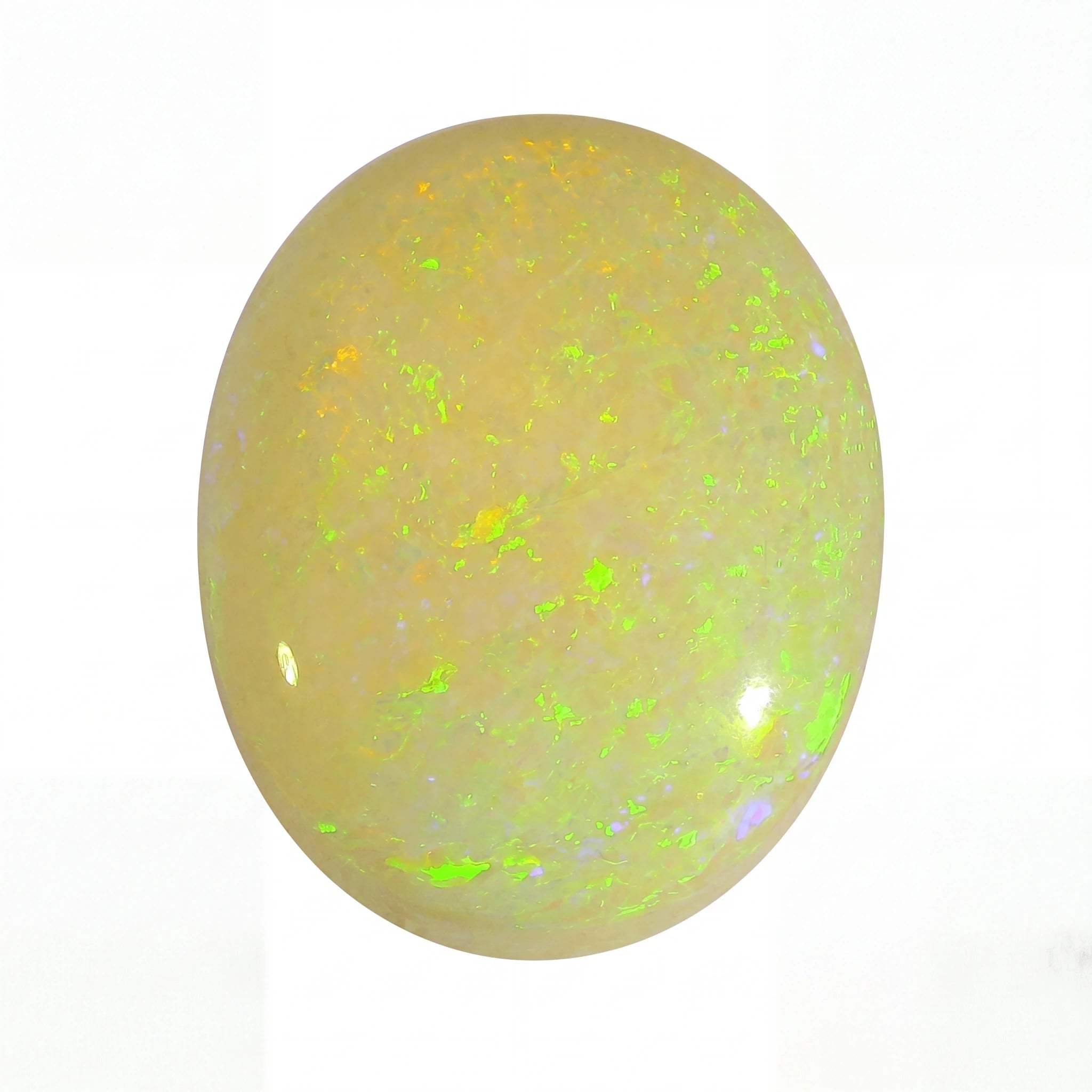 A polished oval cabochon opal gemstone displaying a creamy beige base with vibrant, shifting flashes of neon green, yellow, and hints of blue on a white background.