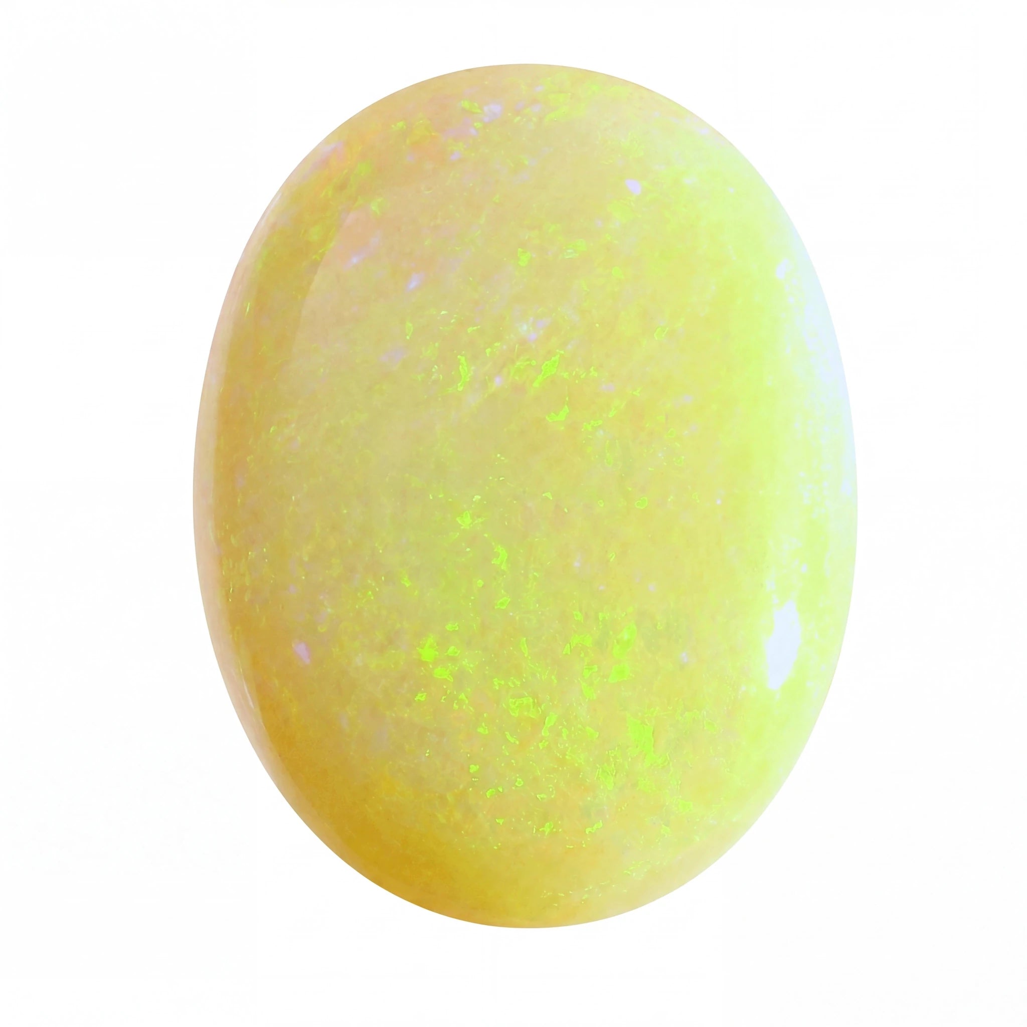 A polished oval cabochon gemstone with a vibrant yellow body and bright neon green flashes of opalescent light, shown on a plain white background.