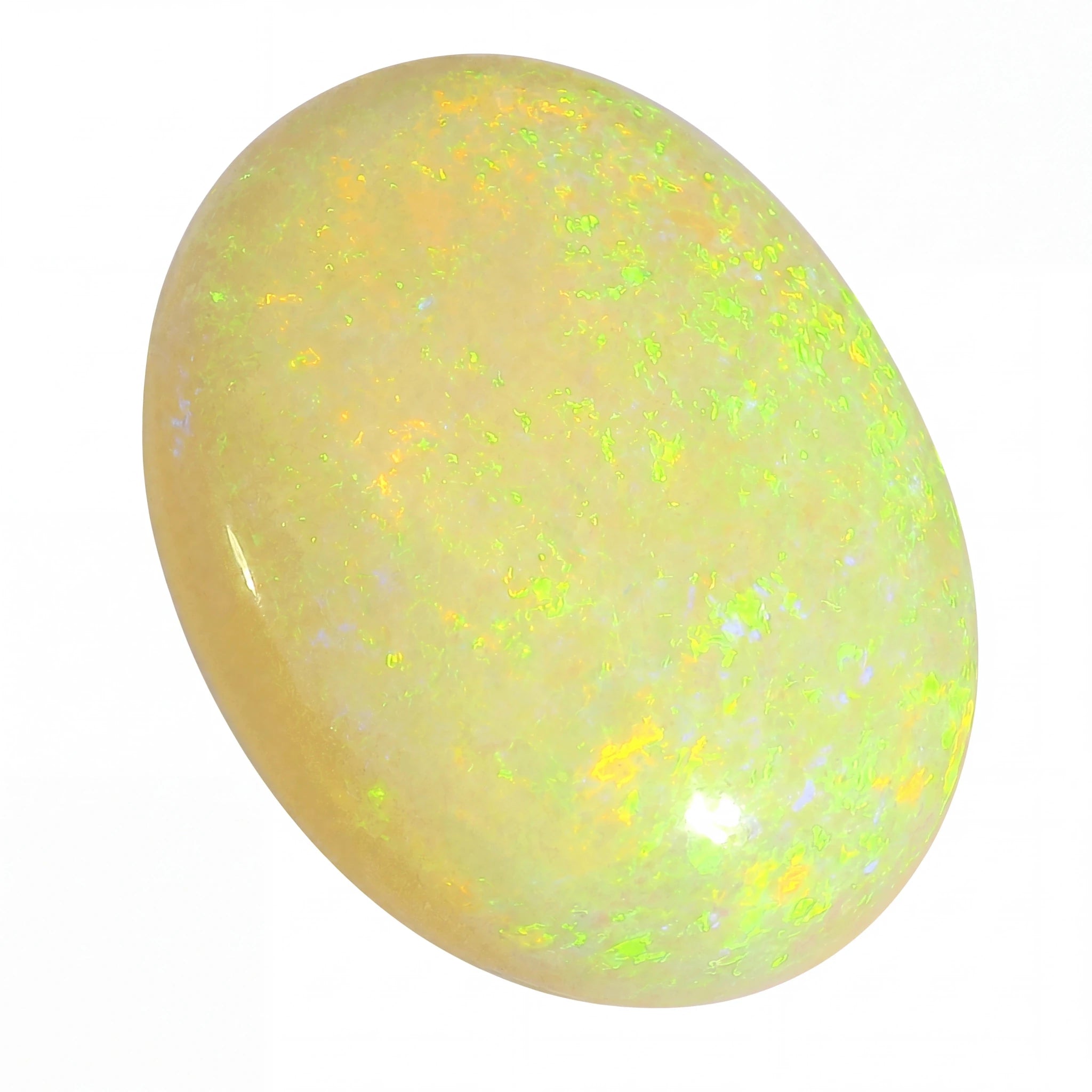 Opal stone with a bright green and yellow colour on a white background