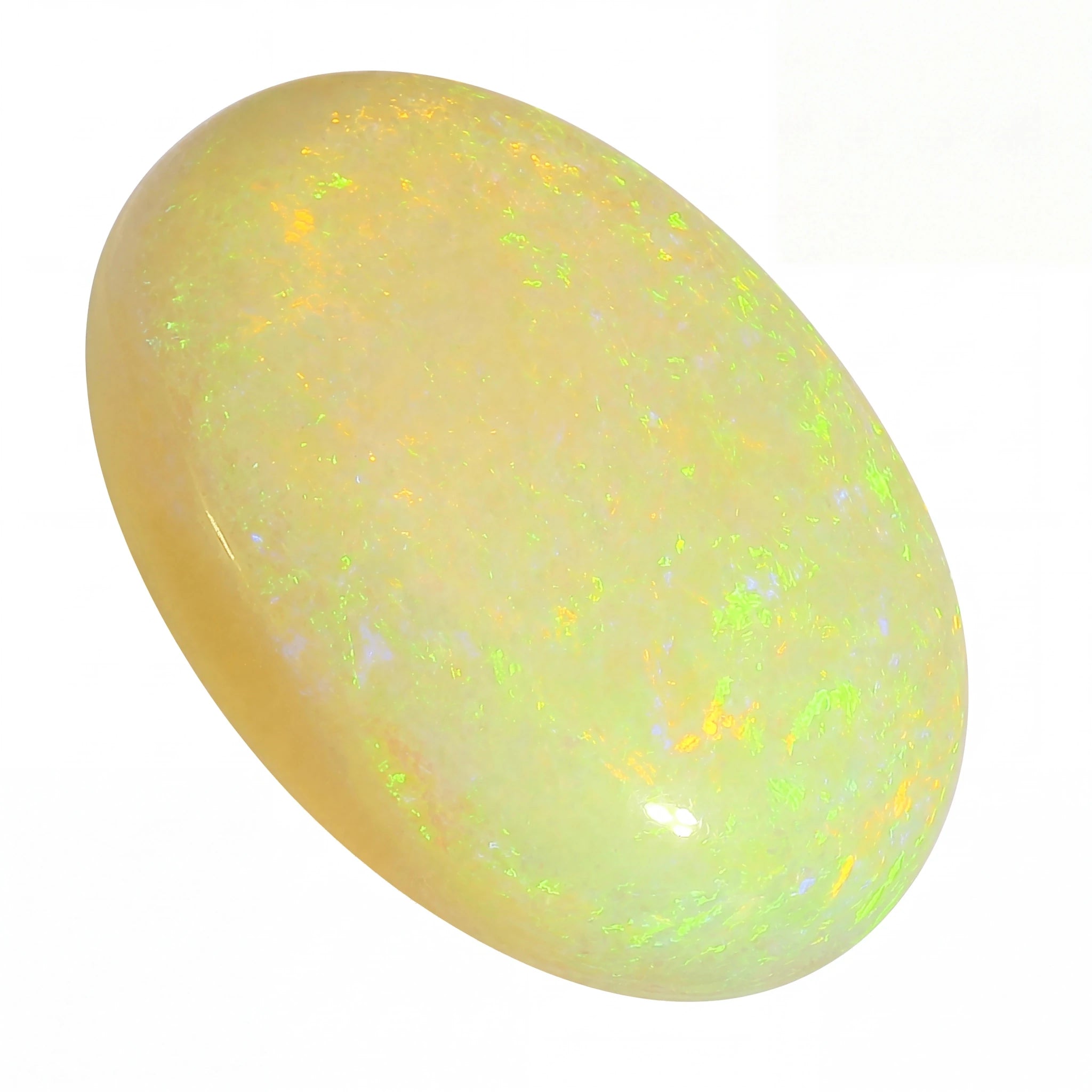 A polished oval cabochon opal gemstone displaying a creamy yellow base colour with vibrant flashes of green, blue, and orange, set against a plain white background.