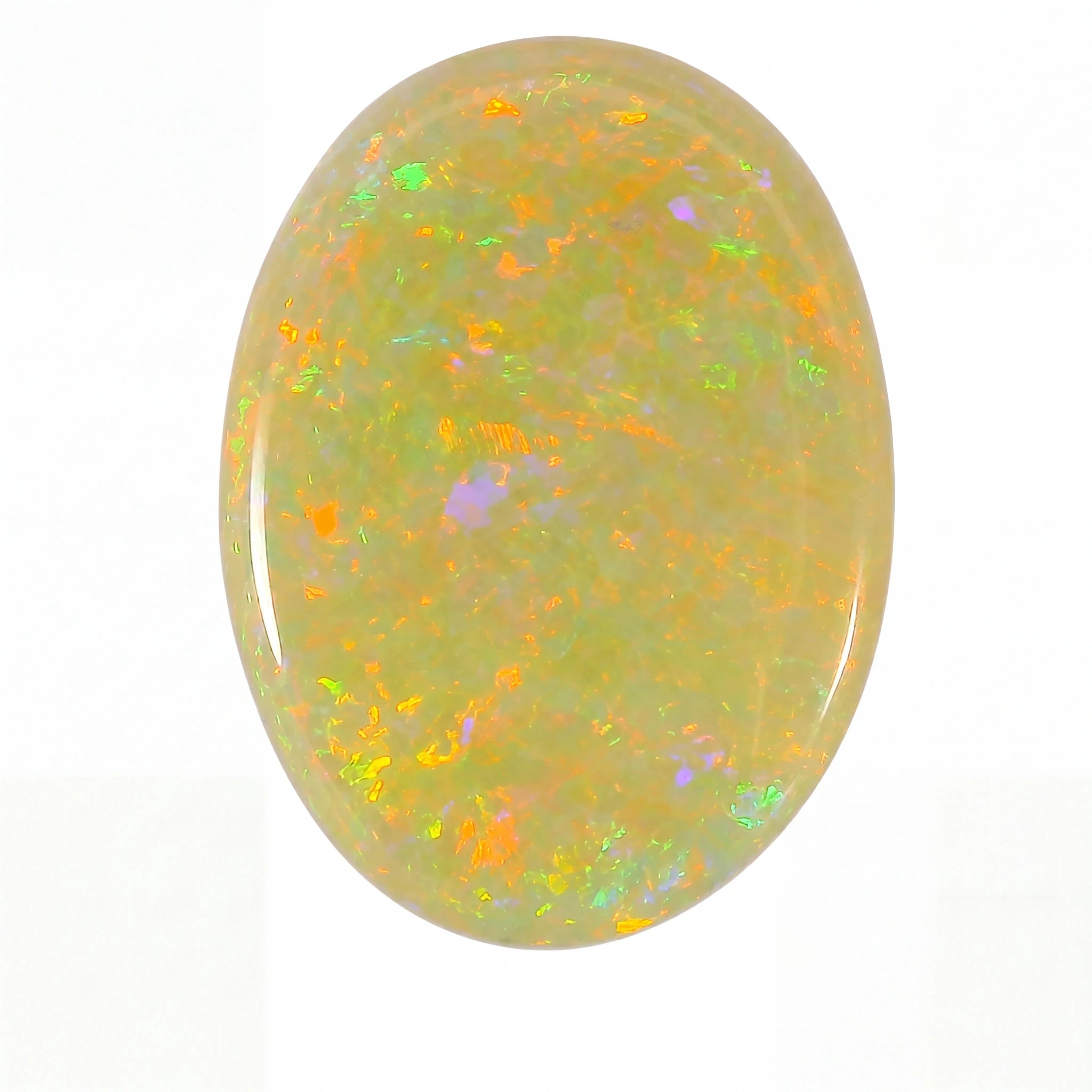 An oval cabochon gemstone with a milky white base and vibrant, shifting opalisation patterns in yellow, orange, green, and purple, set against a plain white background.