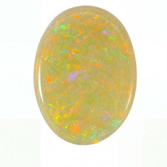 An oval cabochon gemstone with a milky white base and vibrant, shifting opalisation patterns in yellow, orange, green, and purple, set against a plain white background.