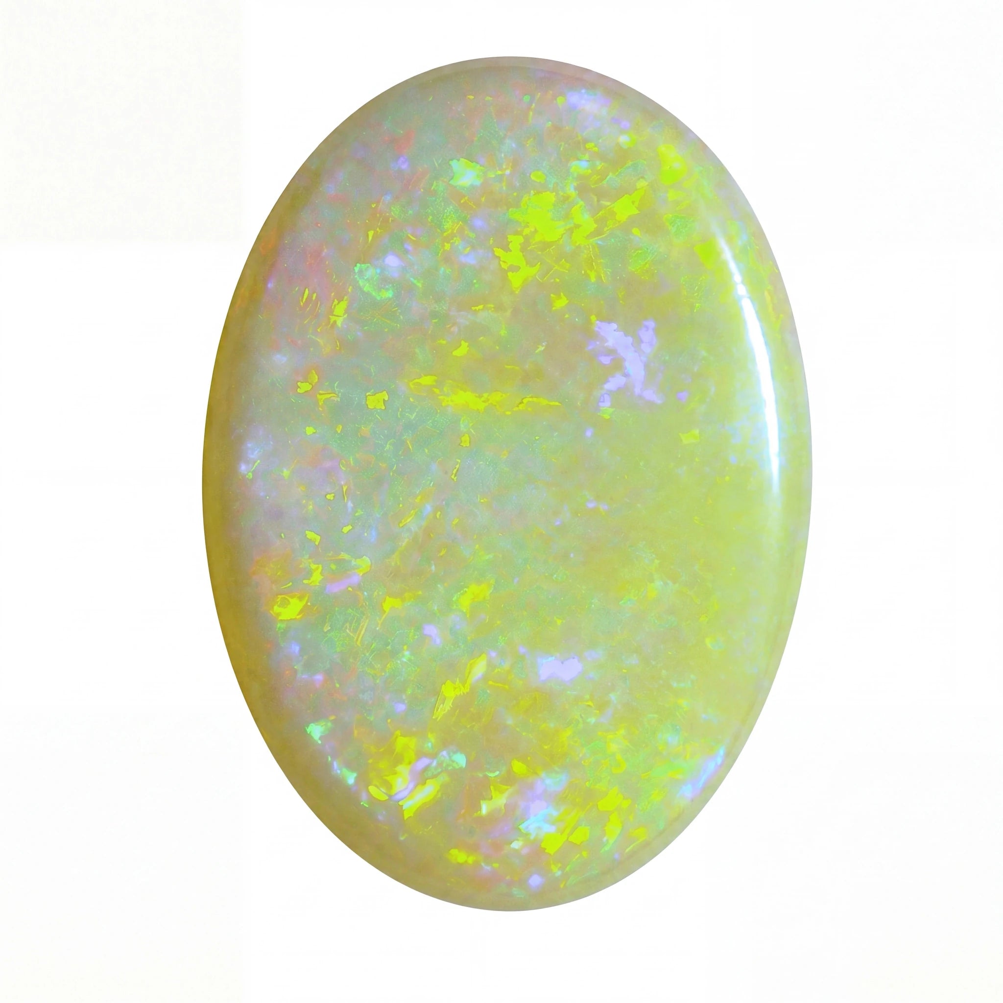 An oval cabochon gemstone showing a play-of-colour opal pattern with bright yellow, green, and white flashes on a pale base, isolated on a white background.