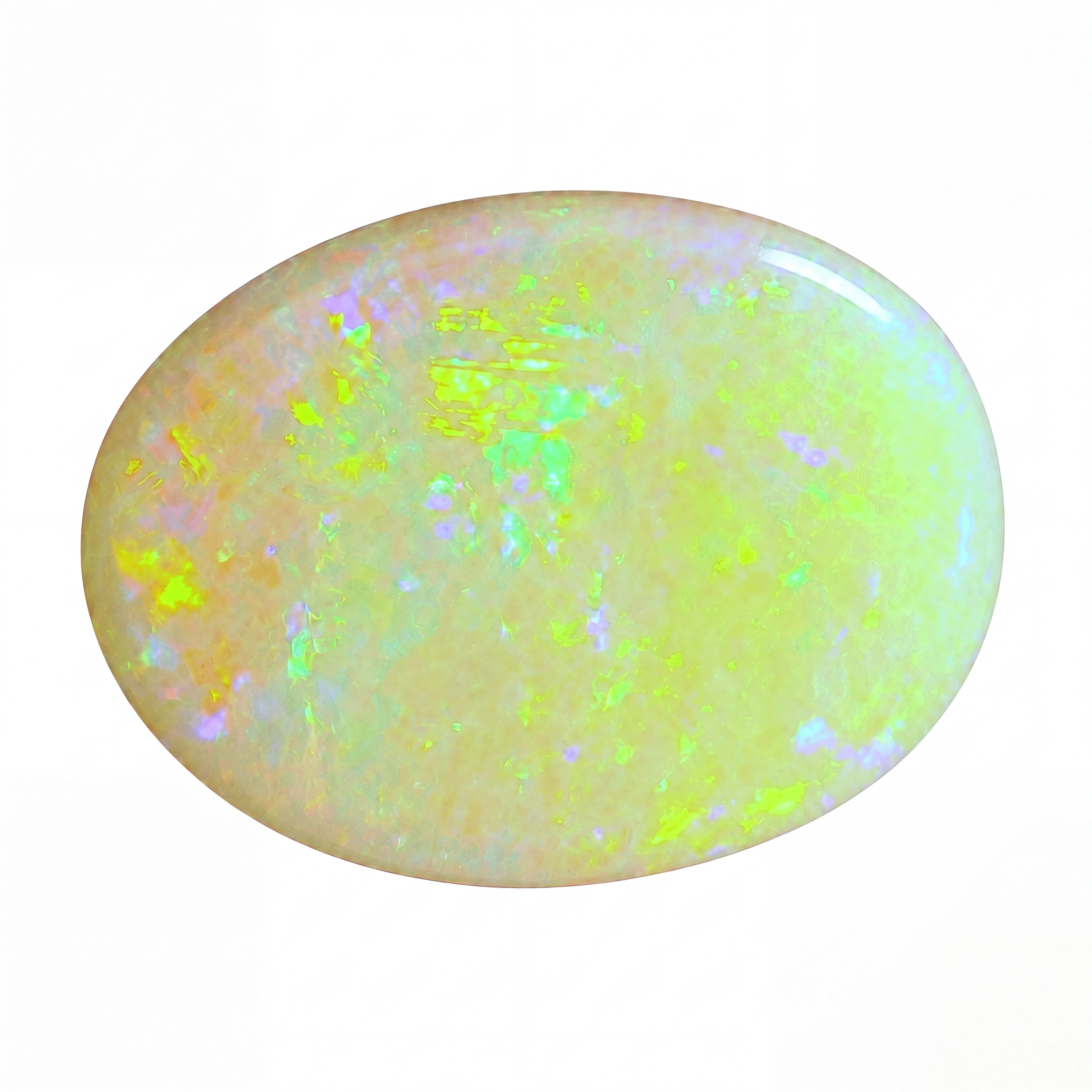 Opal stone with multicoloured play of light on a white background