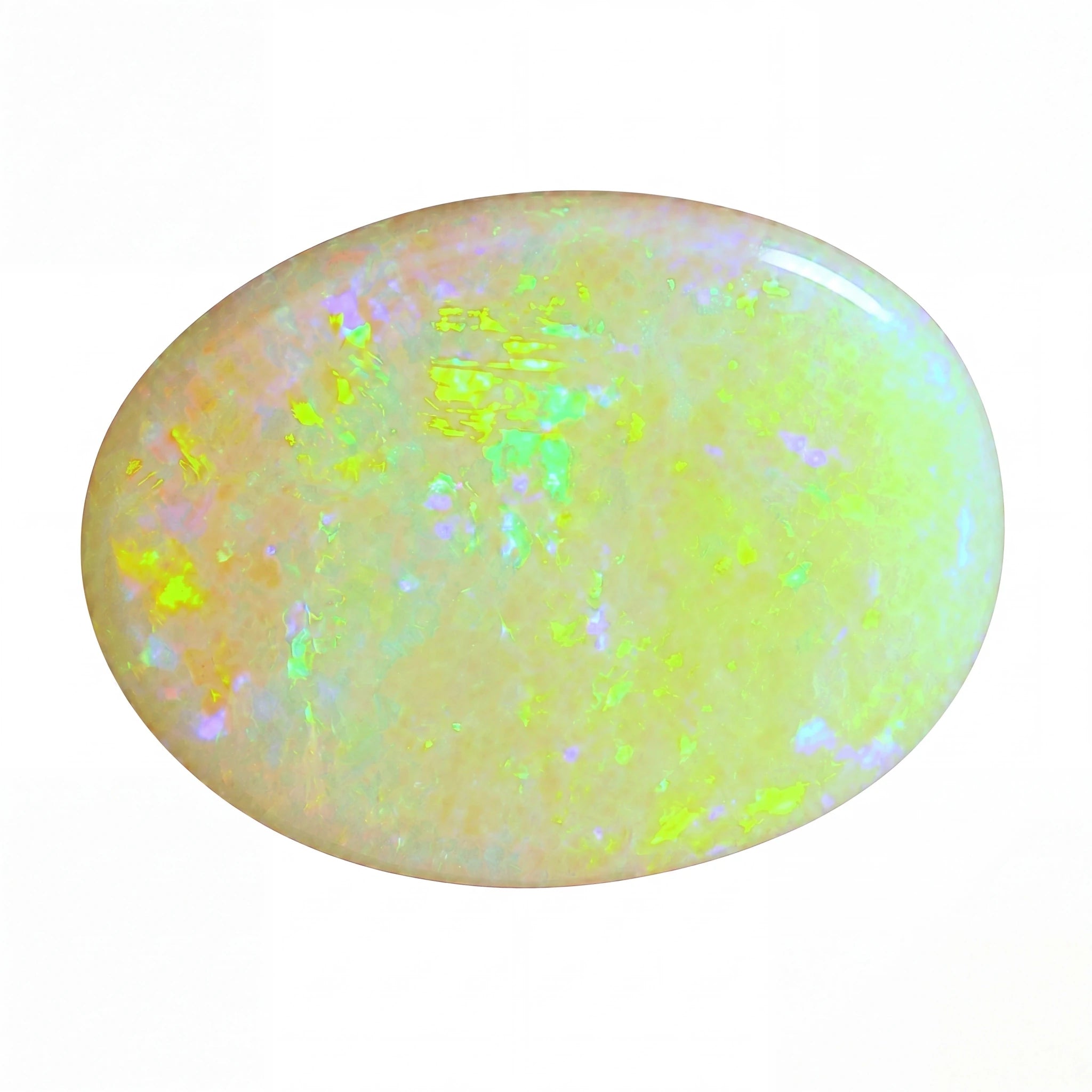 A polished oval cabochon opal gemstone displaying a vibrant play-of-colour with bright yellow-green, soft pink, and pale blue flashes against a warm cream base, set against a plain white background.