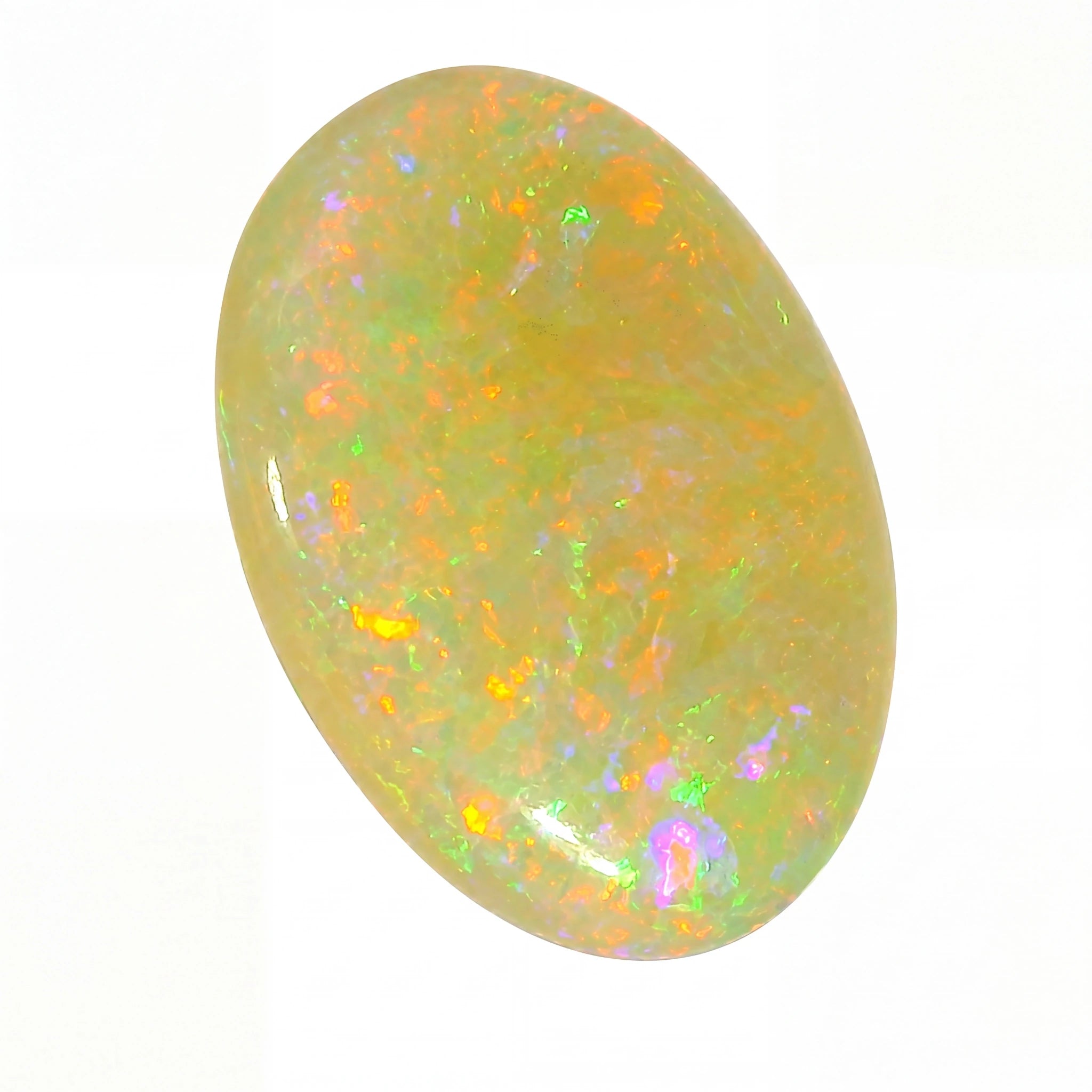 Oval-shaped opal gemstone with multicolour play on a white background