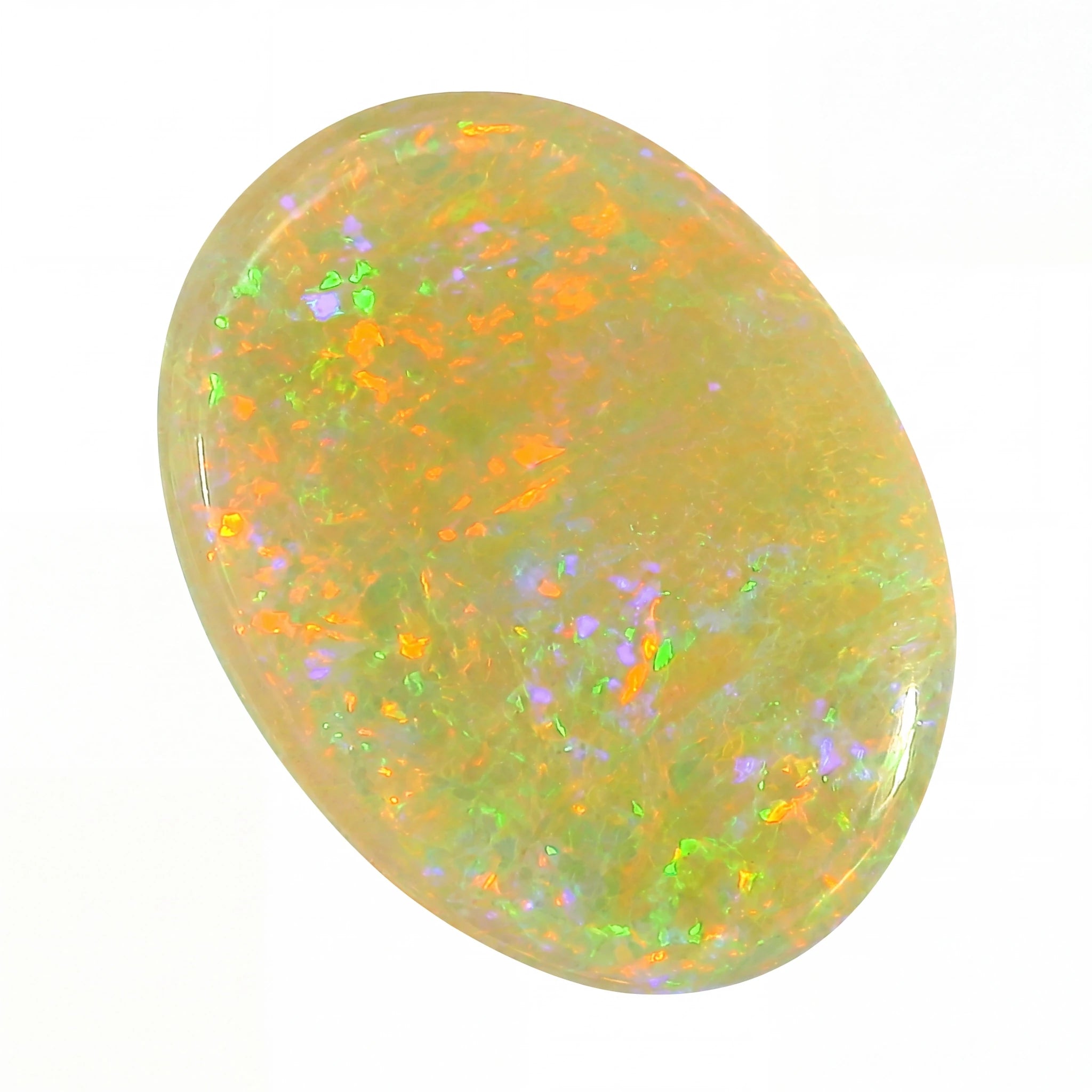 A polished oval cabochon gemstone showing a play-of-colour opal pattern with vibrant orange, green, and purple flashes against a pale yellowish base, set against a plain white background.