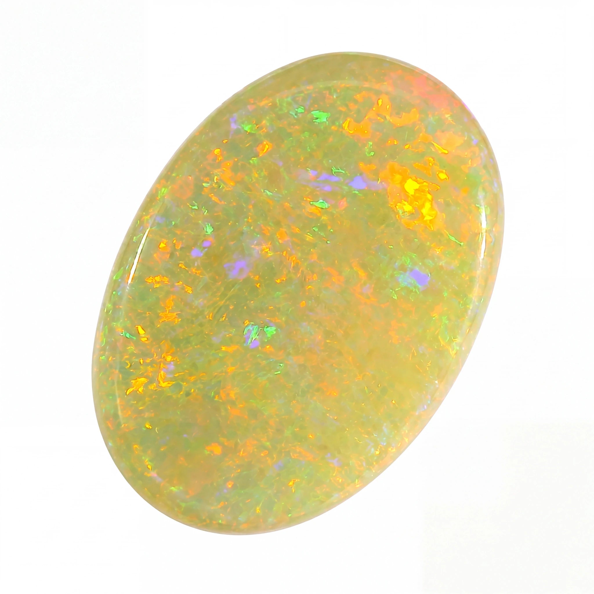 A polished oval cabochon opal gemstone displaying a mix of yellow, orange, green, and blue iridescent flashes on a white background.