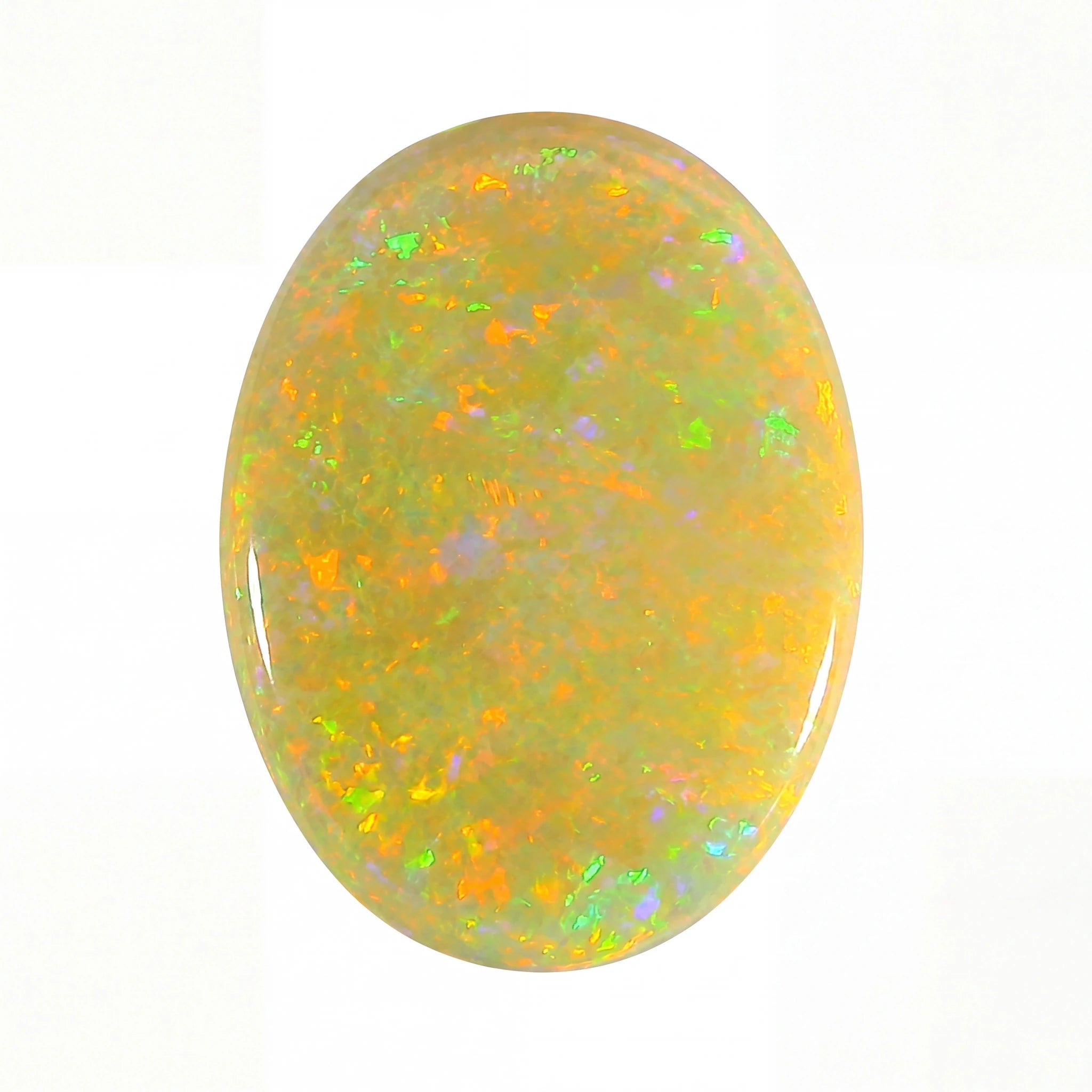 A polished oval cabochon gemstone featuring a vibrant play-of-colour pattern with orange, green, yellow, and blue flashes on a pale yellowish-white base, set against a plain white background.