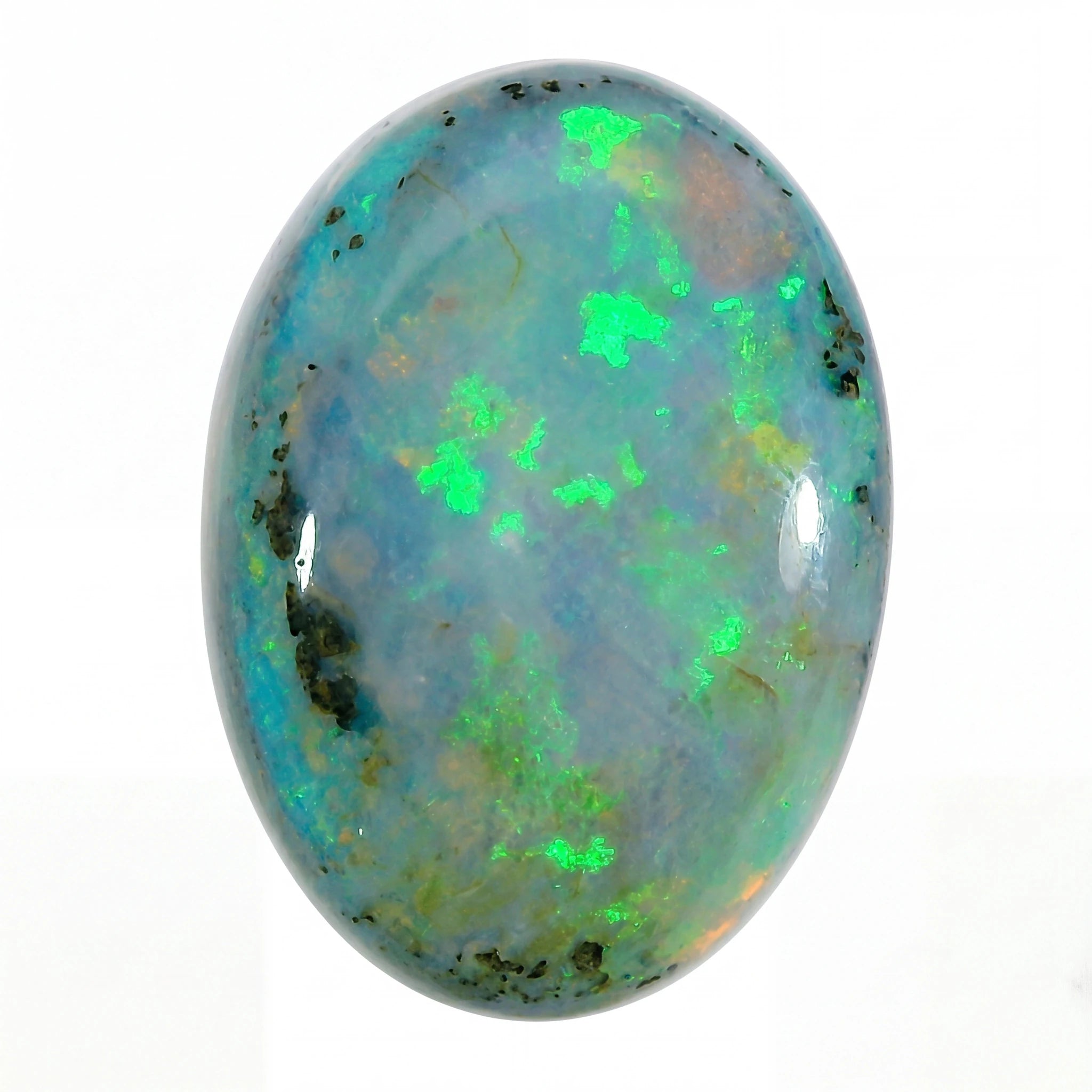 A polished oval cabochon opal gemstone displaying a blue-grey base with vibrant green, orange, and black flashes, set against a plain white background.